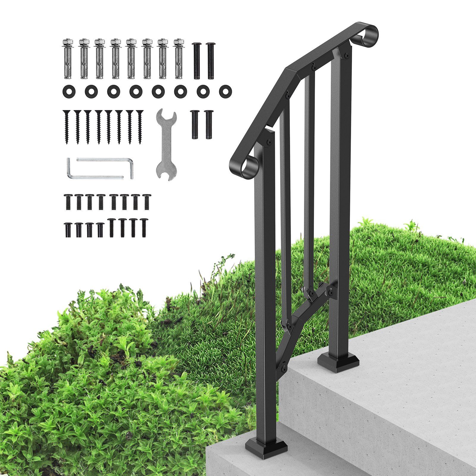 Handrails for Outdoor Steps, 1-2 Step Stair Hand Rail Kit, Transitional Carbon Steel Railings with Installation Kit, Stair Rails for Seniors, Concrete Steps & Porch & Deck, Black Retro Arch - Image 1