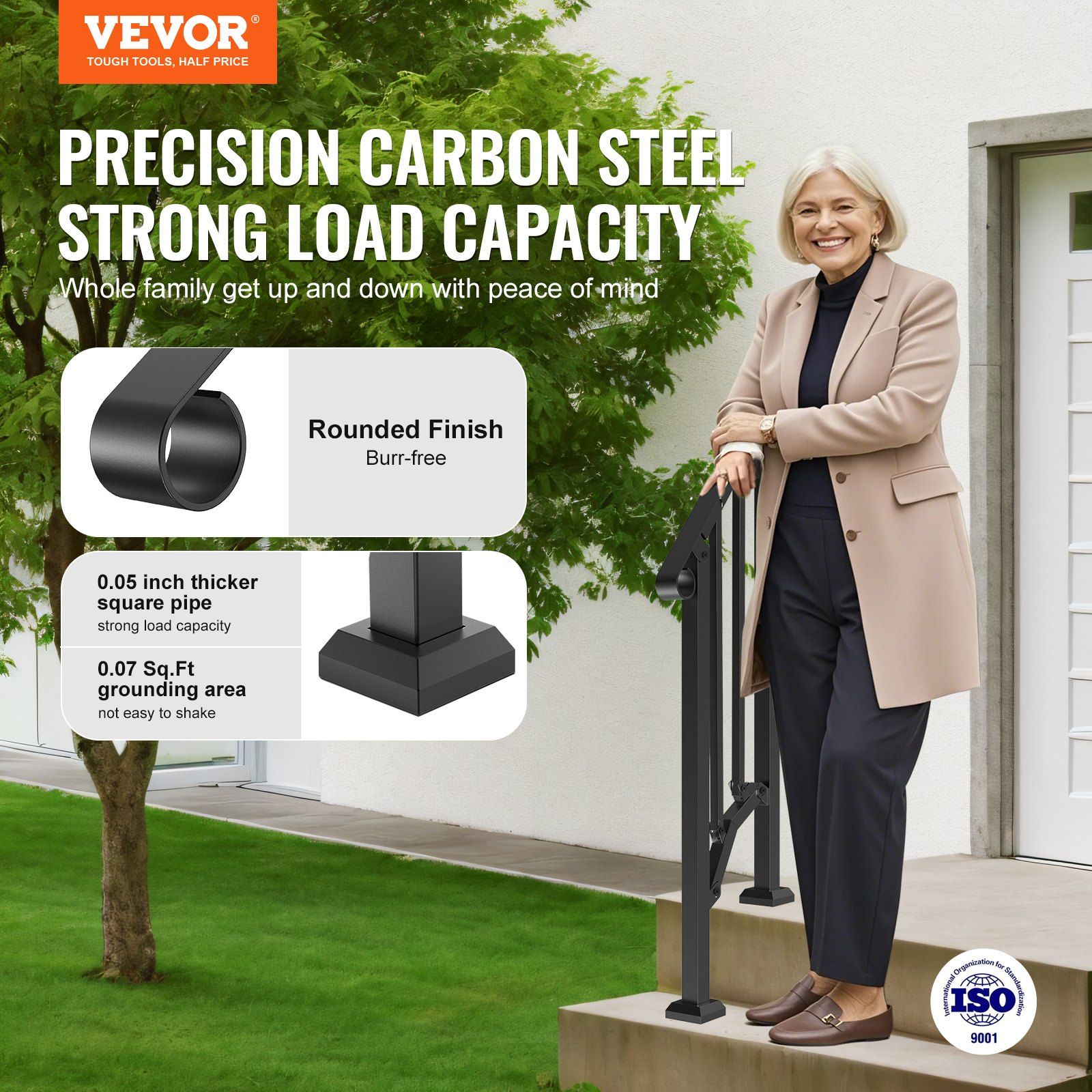 Handrails for Outdoor Steps, 1-2 Step Stair Hand Rail Kit, Transitional Carbon Steel Railings with Installation Kit, Stair Rails for Seniors, Concrete Steps & Porch & Deck, Black Retro Arch - Image 2