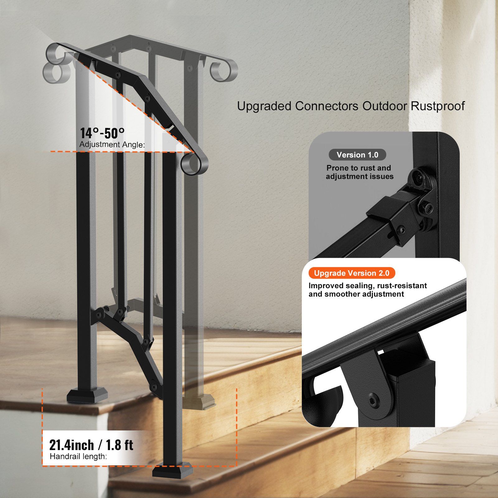 Handrails for Outdoor Steps, 1-2 Step Stair Hand Rail Kit, Transitional Carbon Steel Railings with Installation Kit, Stair Rails for Seniors, Concrete Steps & Porch & Deck, Black Retro Arch - Image 3