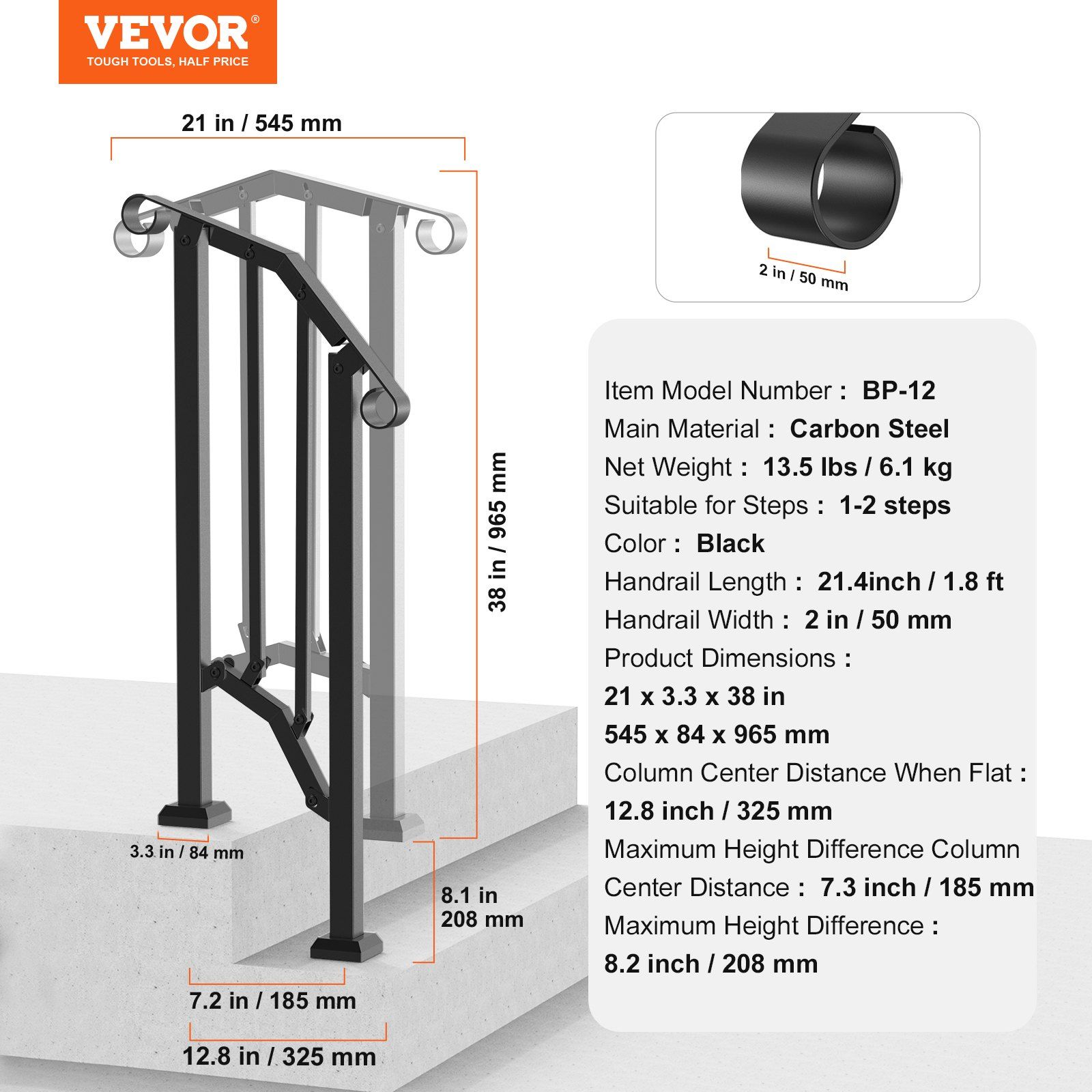 Handrails for Outdoor Steps, 1-2 Step Stair Hand Rail Kit, Transitional Carbon Steel Railings with Installation Kit, Stair Rails for Seniors, Concrete Steps & Porch & Deck, Black Retro Arch - Image 7