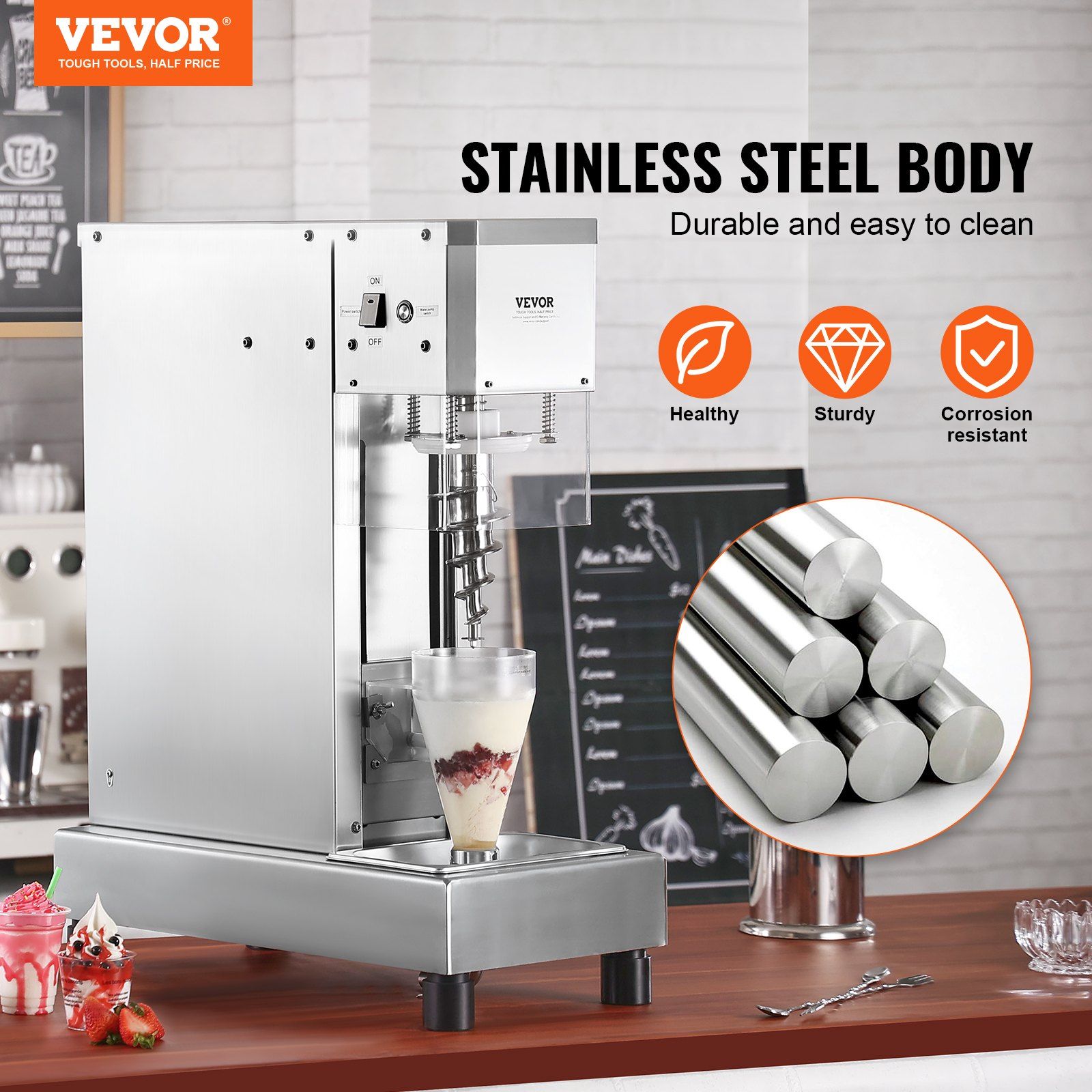 Ice Cream Blender, 750W High-Speed Ice Cream Maker Mixer Stir Machine 1740RPM, 304 Stainless Steel Ice Cream Shaker, Long Handle + PC Protective Shield, Customizable with any Flavor of Ice Cream - Image 2