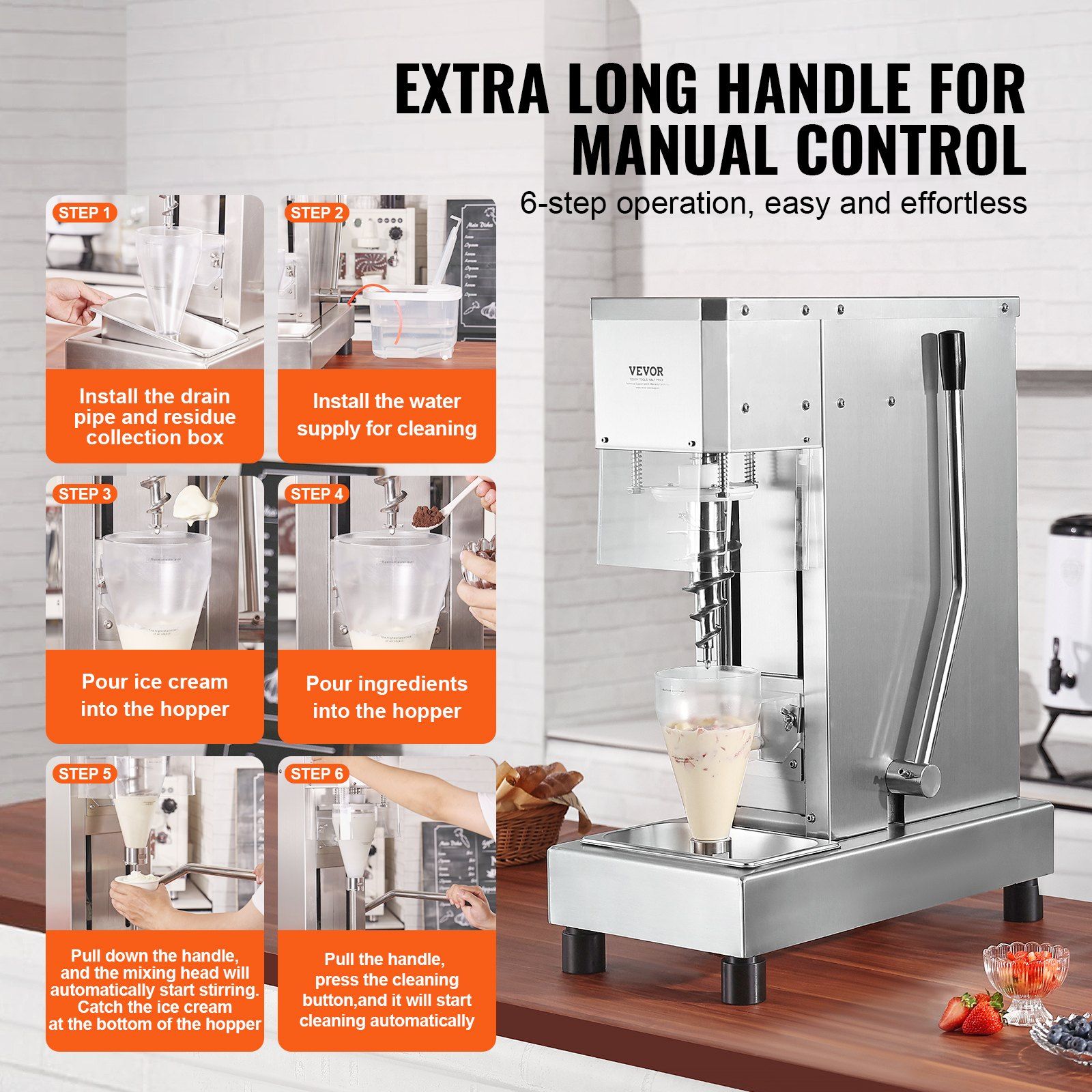 Ice Cream Blender, 750W High-Speed Ice Cream Maker Mixer Stir Machine 1740RPM, 304 Stainless Steel Ice Cream Shaker, Long Handle + PC Protective Shield, Customizable with any Flavor of Ice Cream - Image 6