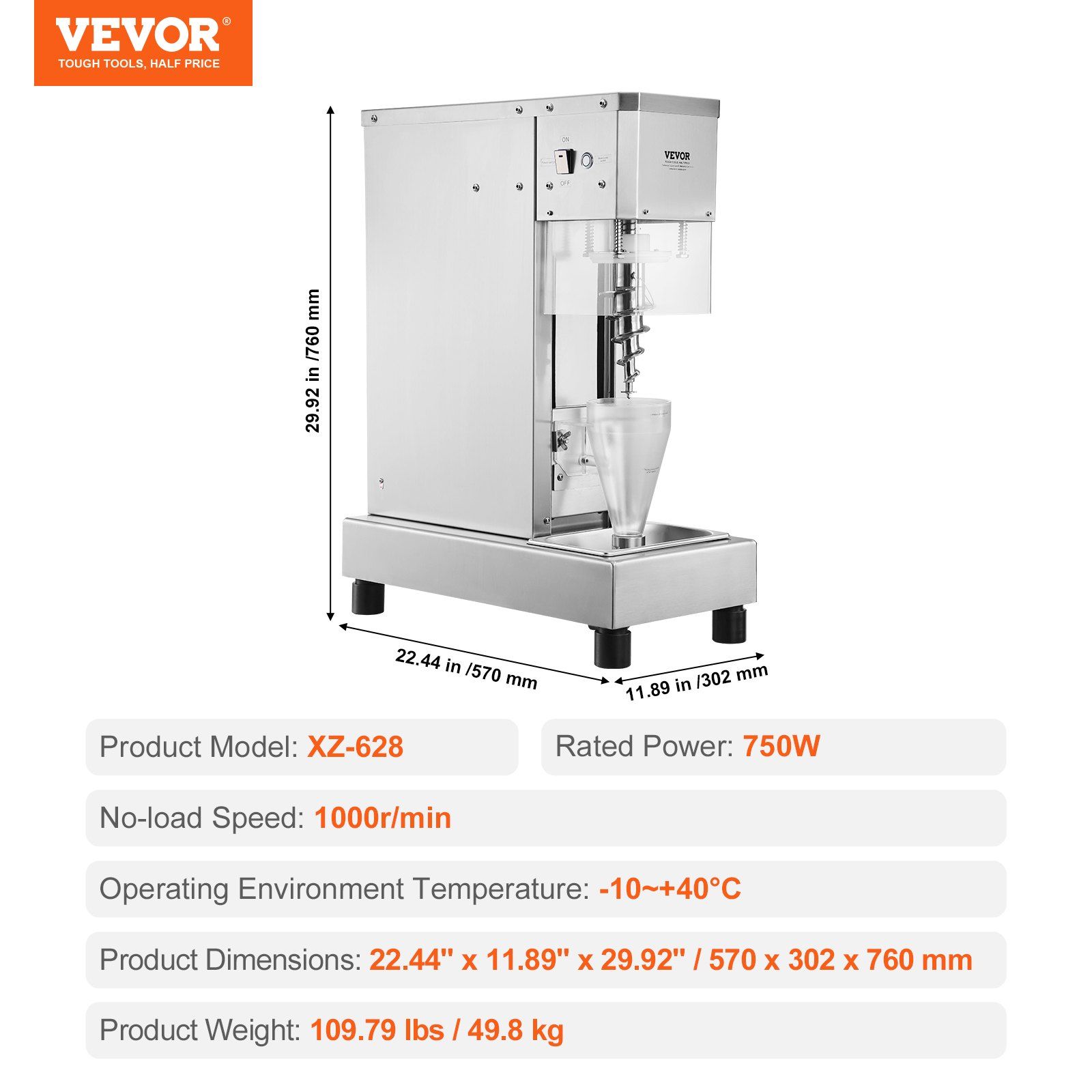 Ice Cream Blender, 750W High-Speed Ice Cream Maker Mixer Stir Machine 1740RPM, 304 Stainless Steel Ice Cream Shaker, Long Handle + PC Protective Shield, Customizable with any Flavor of Ice Cream - Image 7