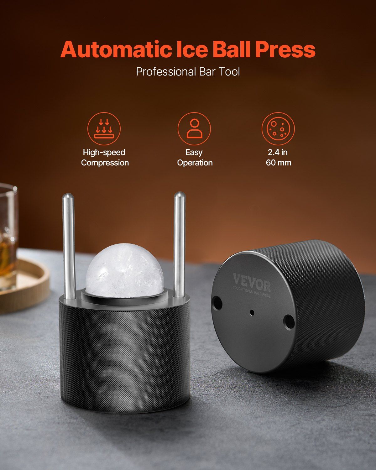 Ice Ball Press Kit, Aviation Aluminum Ice Press with Ice Block Mold, Large Mat, Tong, Drip Tray, One Glass, Round Ice Ball Maker 2.4