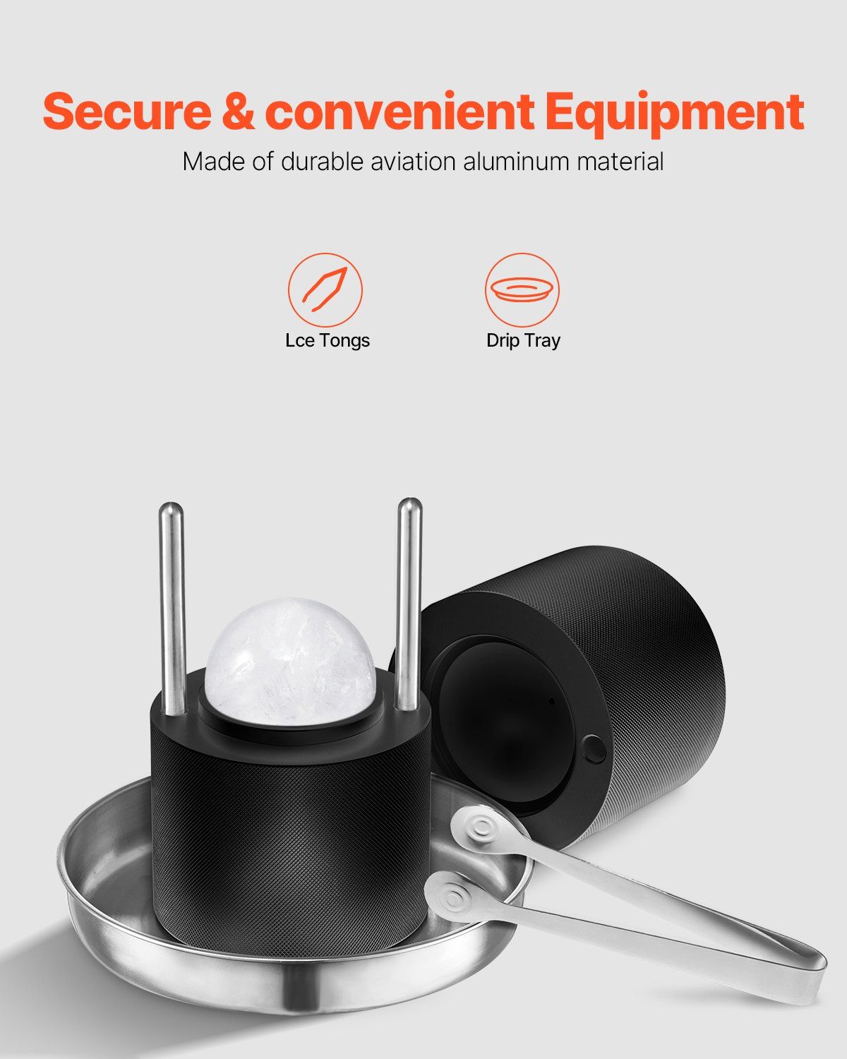 Ice Ball Press Kit, Aviation Aluminum Ice Press with Ice Block Mold, Large Mat, Tong, Drip Tray, One Glass, Round Ice Ball Maker 2.4