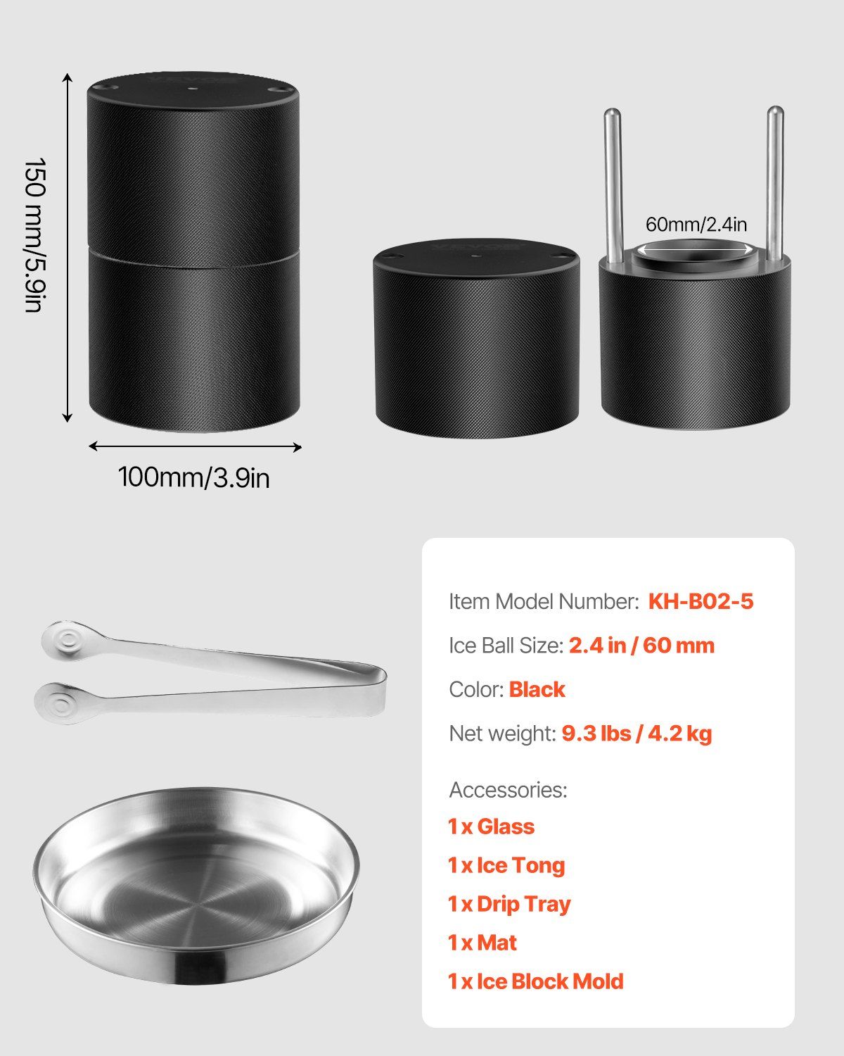 Ice Ball Press Kit, Aviation Aluminum Ice Press with Ice Block Mold, Large Mat, Tong, Drip Tray, One Glass, Round Ice Ball Maker 2.4
