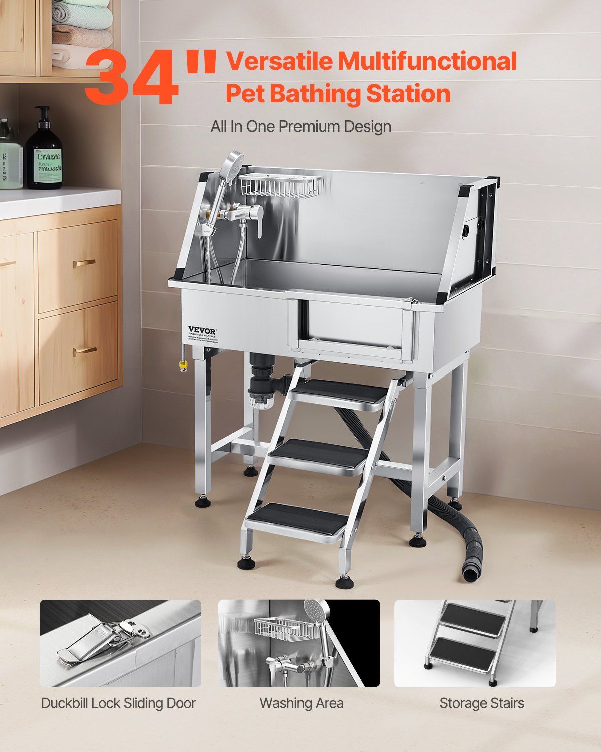 86.4 cm Dog Washing Station, Stainless Steel Pet Grooming Tub Bathtub, Professional Dog Wash Sink with Shower, Faucet, Soap Holder, Non-Slip Stairs Easy-Clean for Small Pets Cats (Right Door) - Image 2