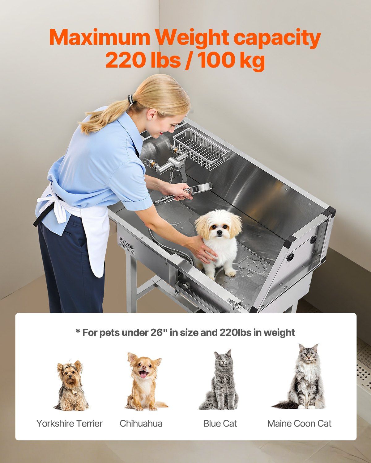 86.4 cm Dog Washing Station, Stainless Steel Pet Grooming Tub Bathtub, Professional Dog Wash Sink with Shower, Faucet, Soap Holder, Non-Slip Stairs Easy-Clean for Small Pets Cats (Right Door) - Image 4