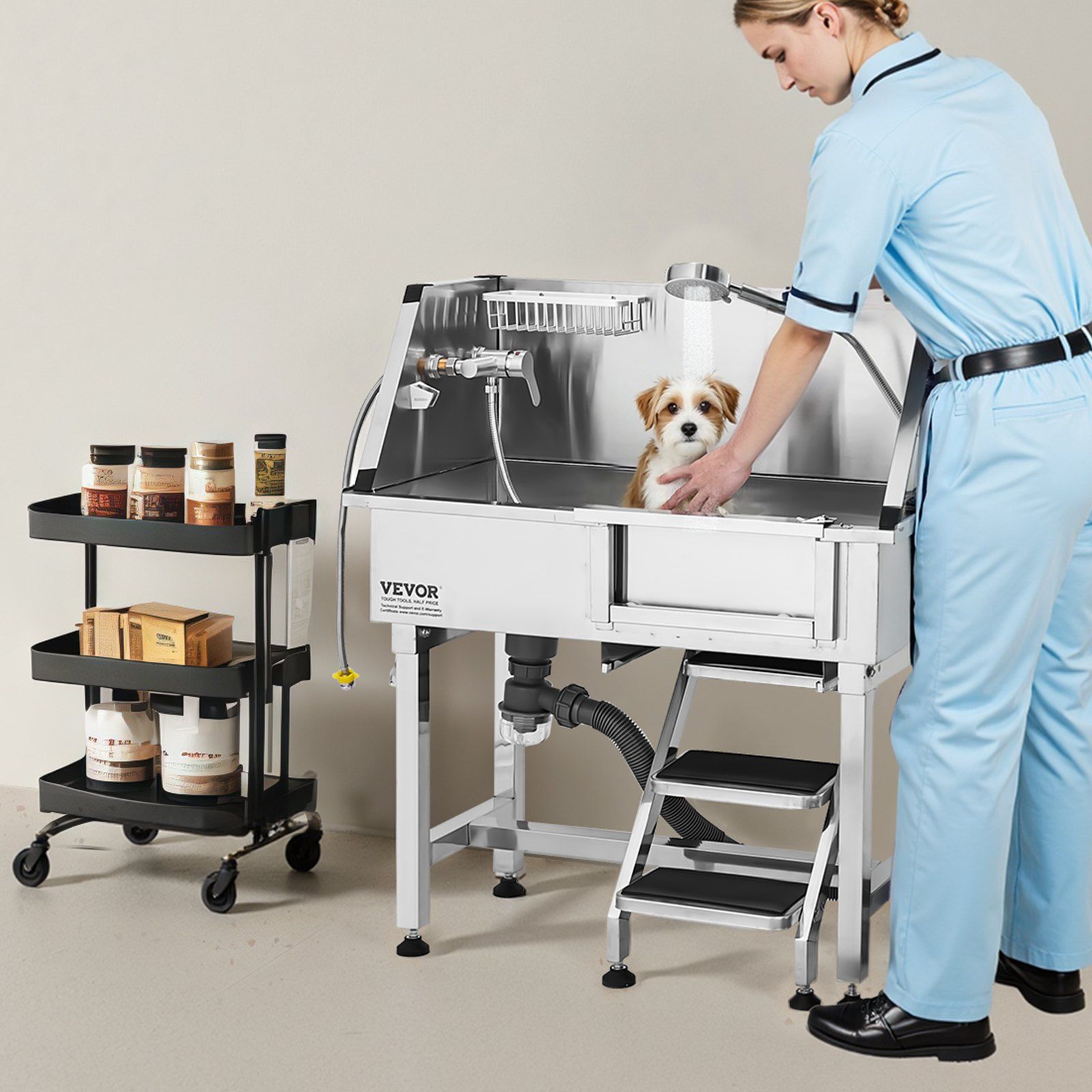 86.4 cm Dog Washing Station, Stainless Steel Pet Grooming Tub Bathtub, Professional Dog Wash Sink with Shower, Faucet, Soap Holder, Non-Slip Stairs Easy-Clean for Small Pets Cats (Right Door) - Image 8