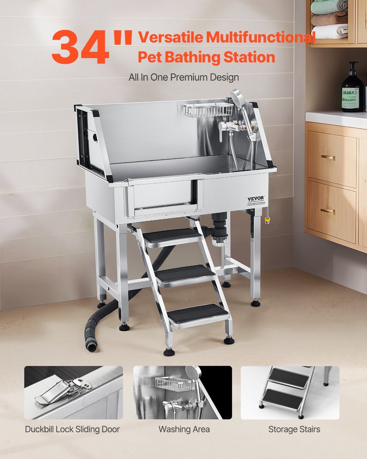 86.4 cm Dog Washing Station, Stainless Steel Pet Grooming Tub Bathtub, Professional Dog Wash Sink with Shower, Faucet, Soap Holder, Non-Slip Stairs Easy-Clean for Small Pets Cats (Left Door) - Image 2