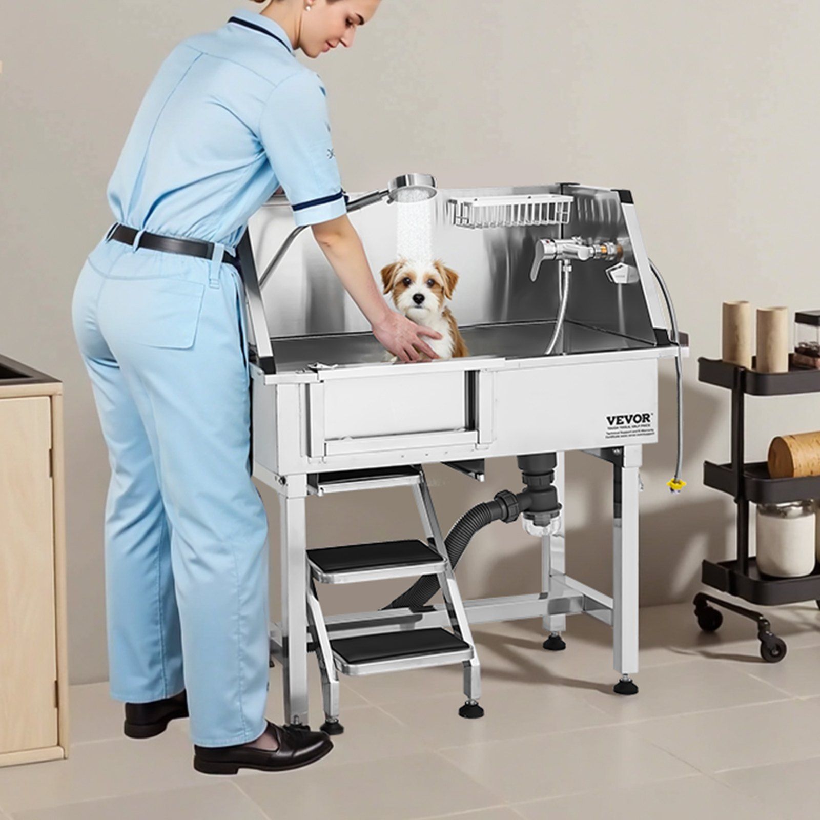 86.4 cm Dog Washing Station, Stainless Steel Pet Grooming Tub Bathtub, Professional Dog Wash Sink with Shower, Faucet, Soap Holder, Non-Slip Stairs Easy-Clean for Small Pets Cats (Left Door) - Image 8