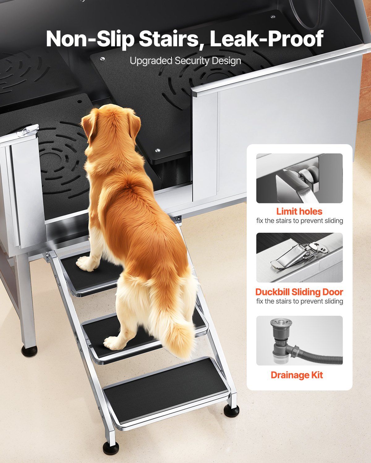 Stainless Steel Dog Washing Station, 127 cm Pet Grooming Tub w/ Stairs, PE Water Filter Board, Faucet & Showerhead & Soap Holder Dog Bathtub for Large & Medium & Small Pets (Left Door) - Image 2
