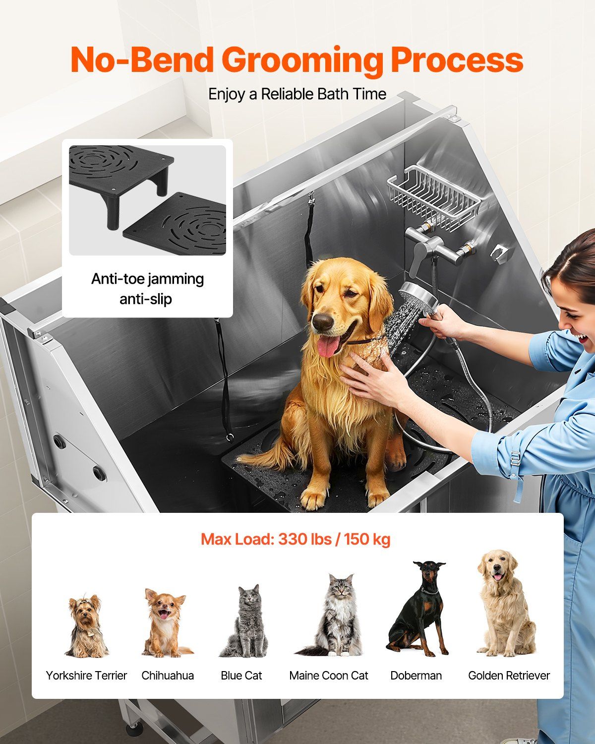 Stainless Steel Dog Washing Station, 127 cm Pet Grooming Tub w/ Stairs, PE Water Filter Board, Faucet & Showerhead & Soap Holder Dog Bathtub for Large & Medium & Small Pets (Left Door) - Image 3