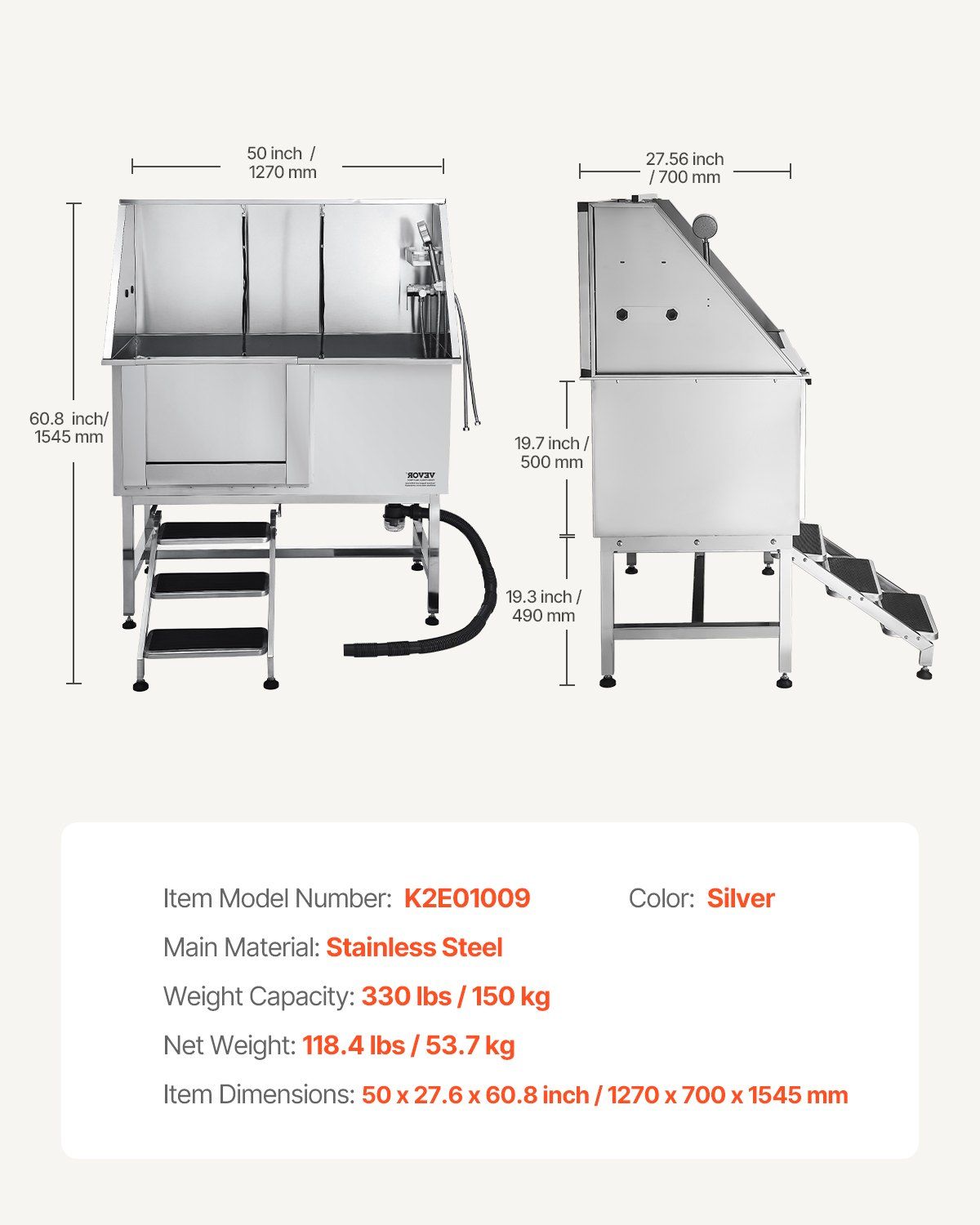 Stainless Steel Dog Washing Station, 127 cm Pet Grooming Tub w/ Stairs, PE Water Filter Board, Faucet & Showerhead & Soap Holder Dog Bathtub for Large & Medium & Small Pets (Left Door) - Image 6