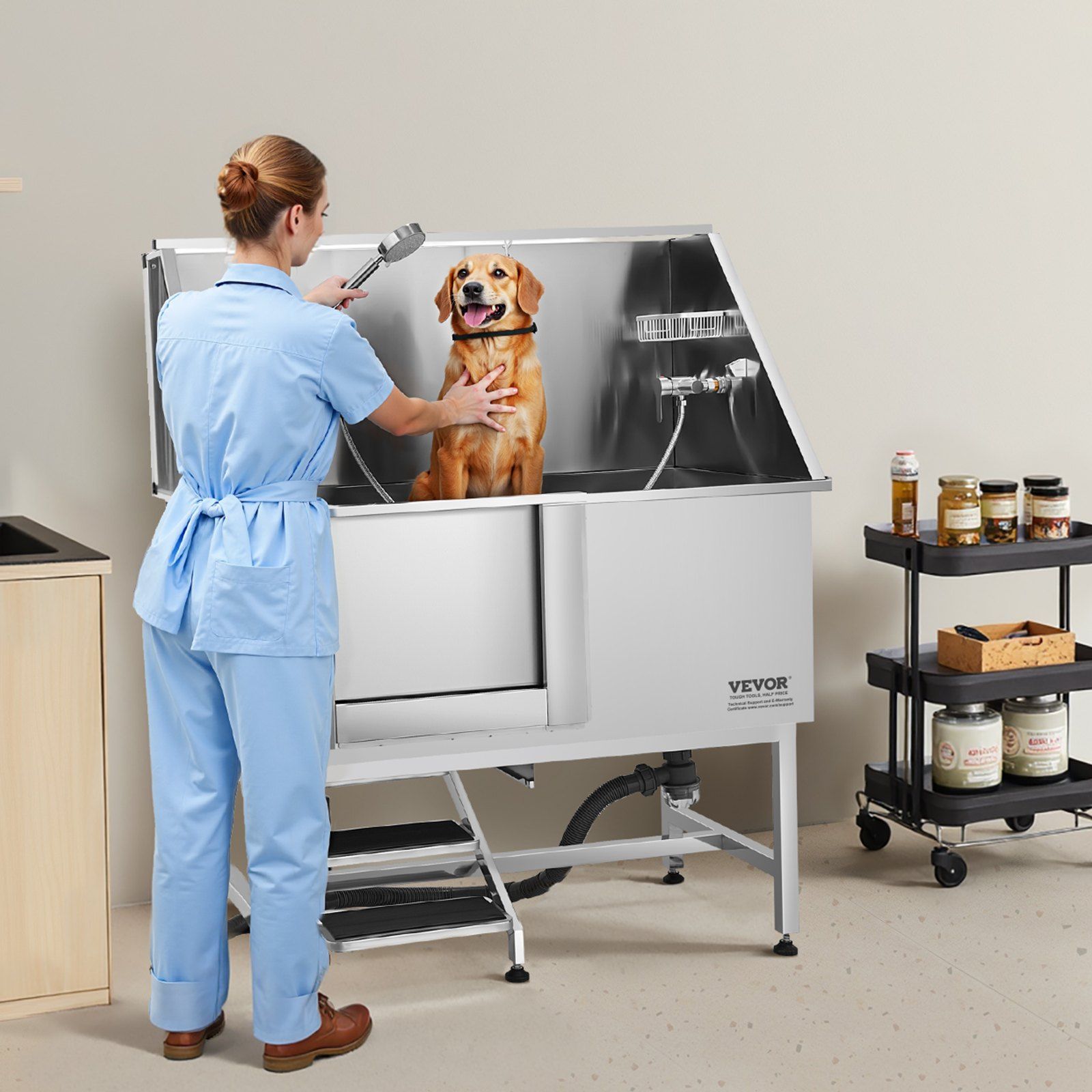 Stainless Steel Dog Washing Station, 127 cm Pet Grooming Tub w/ Stairs, PE Water Filter Board, Faucet & Showerhead & Soap Holder Dog Bathtub for Large & Medium & Small Pets (Left Door) - Image 7
