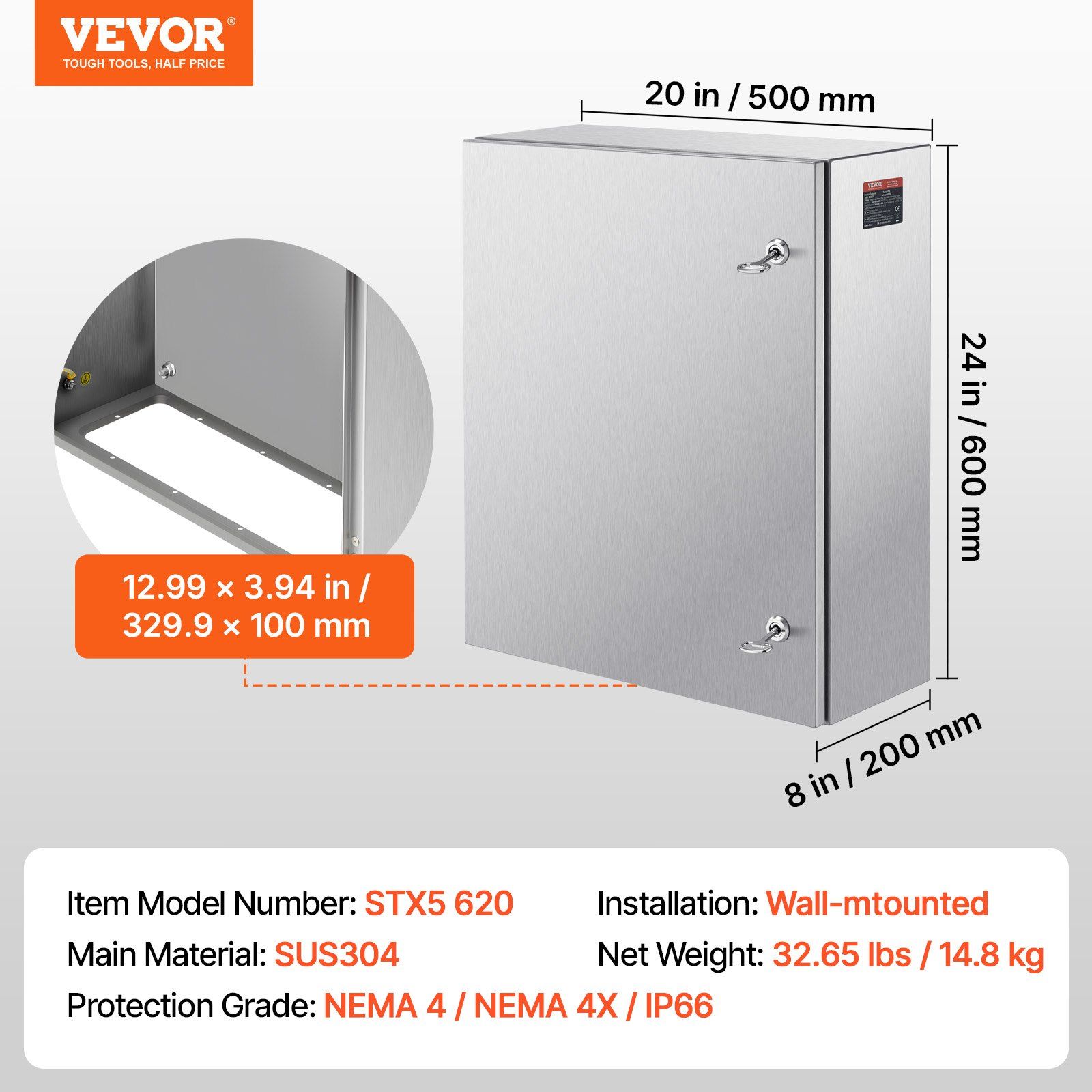 Steel Electrical Box, 60x50x20 cm, 304 Stainless Steel Electrical Enclosure Box, Wall-Mounted Outdoor Electrical Electronic Equipment Enclosure with Mounting Plate Hinges Lock, IP66 Waterproof - Image 7