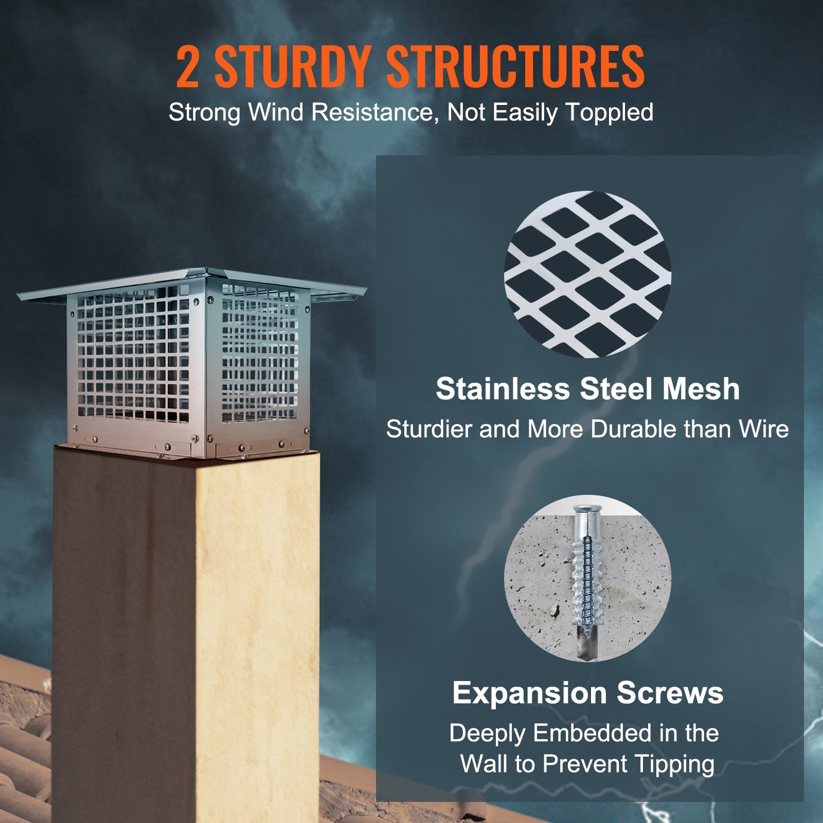 Chimney Cap 304.8 x 304.8mm, 304 Stainless Steel Fireplace Chimney Cover, Not Easily Toppled & Practical Accessories & Easy Installation, Fits Mesh Flue Covers Outside Clay Flue Shingles, Silver - Image 4