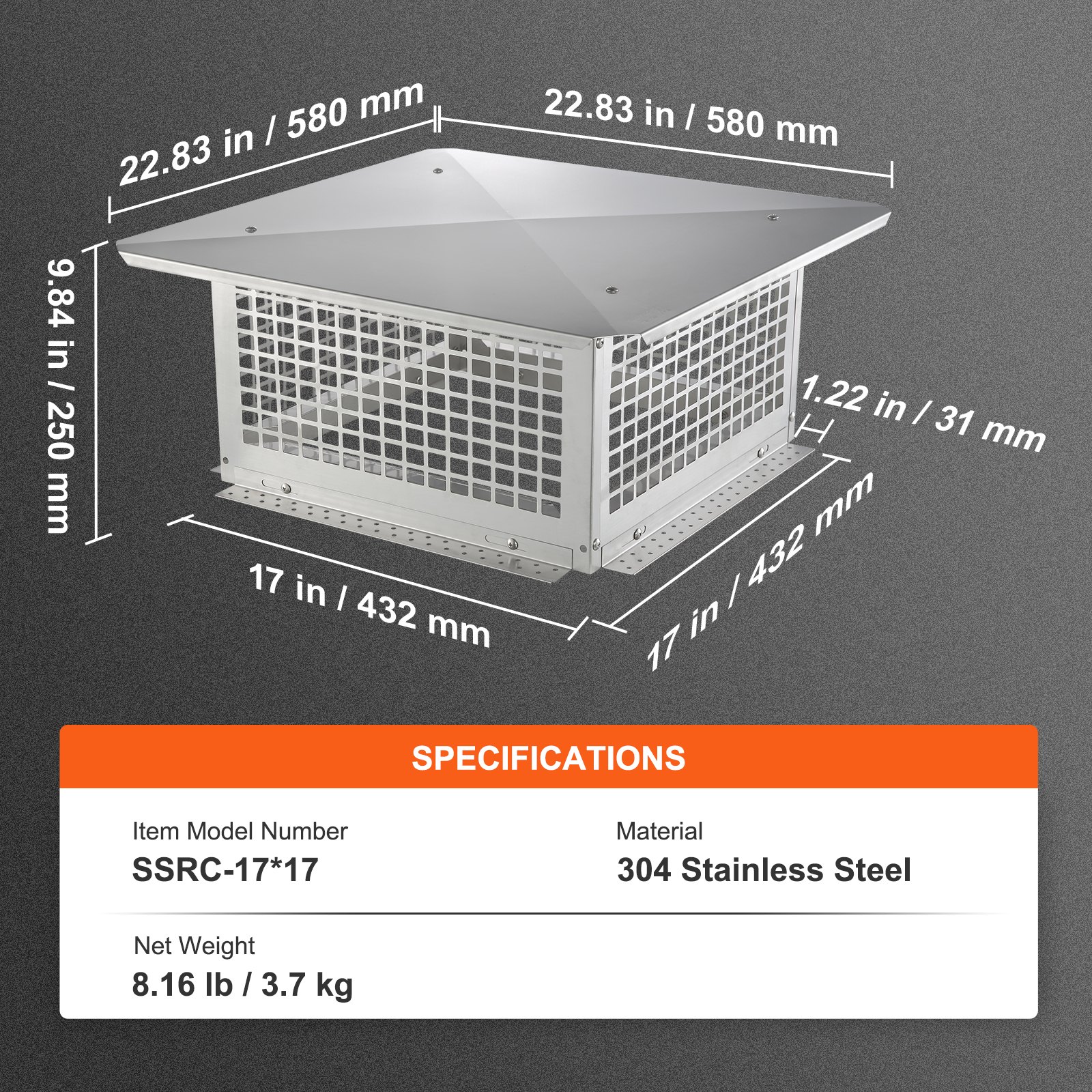 Chimney Cap 17” x 17” 304Stainless Steel Fireplace Flue Caps Cover Mesh - Image 7