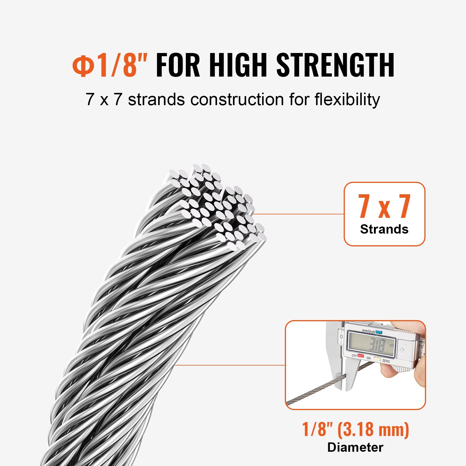 Wire Rope Kit, 3.18 mm 305 m 316 Stainless Steel Cable with Cutter and Gloves, 7.1KN Breaking Strength, 7x7 Strands Construction Marine Aircraft Grade for Handrail Stair Decking Fence Outdoors - Image 3