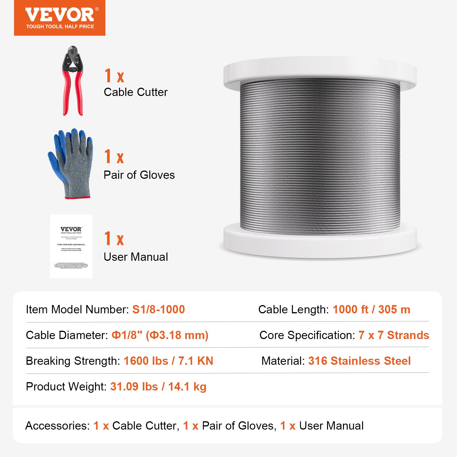 Wire Rope Kit, 3.18 mm 305 m 316 Stainless Steel Cable with Cutter and Gloves, 7.1KN Breaking Strength, 7x7 Strands Construction Marine Aircraft Grade for Handrail Stair Decking Fence Outdoors - Image 7