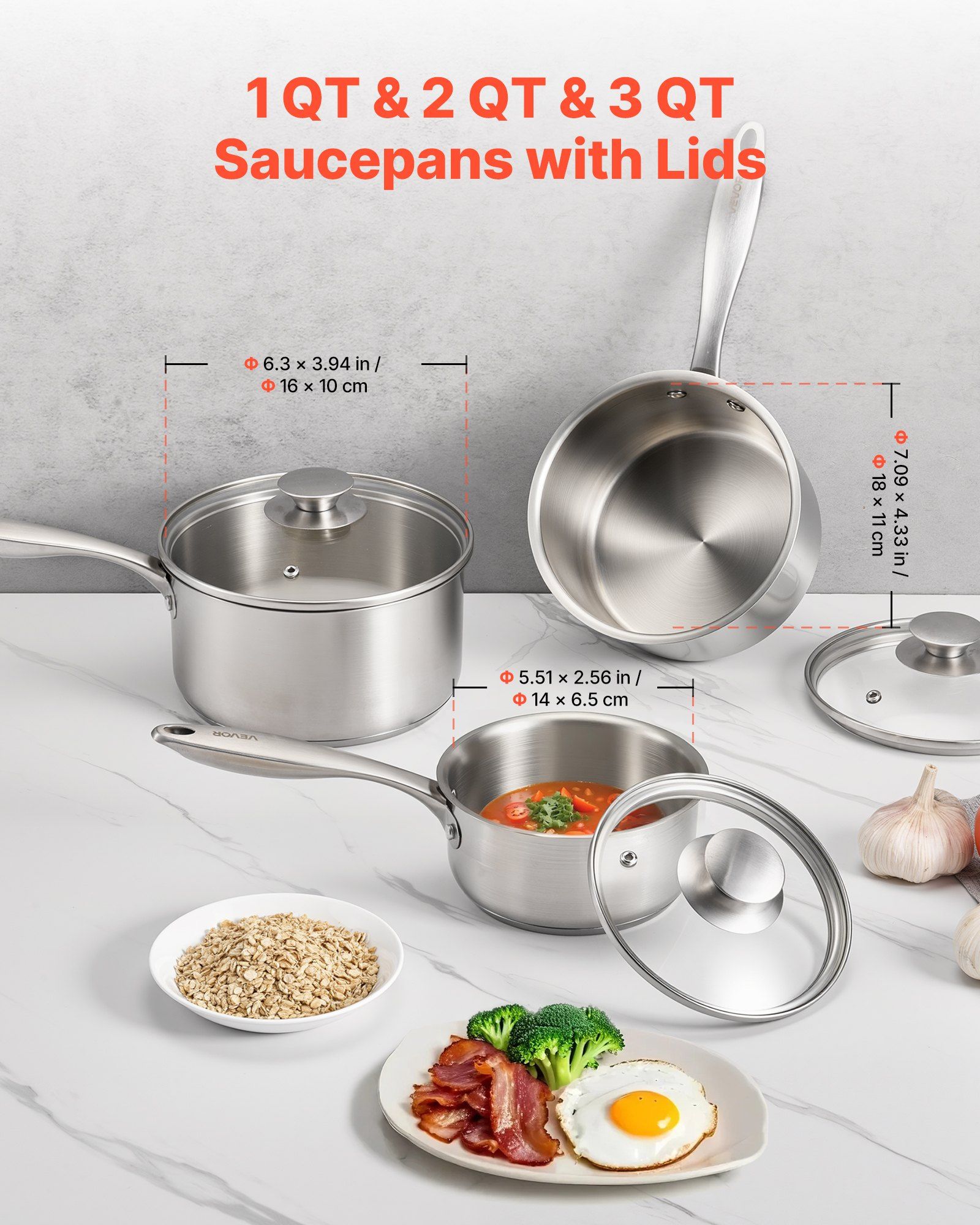 Stainless Steel Saucepan Set, 1 QT & 2 QT & 3 QT Saucepans with Glass Lids, Multipurpose Nonstick Stainless Steel Sauce Pot with Ergonomic Handle, Friendly for Oven, Dishwasher, Induction Cooker - Image 2