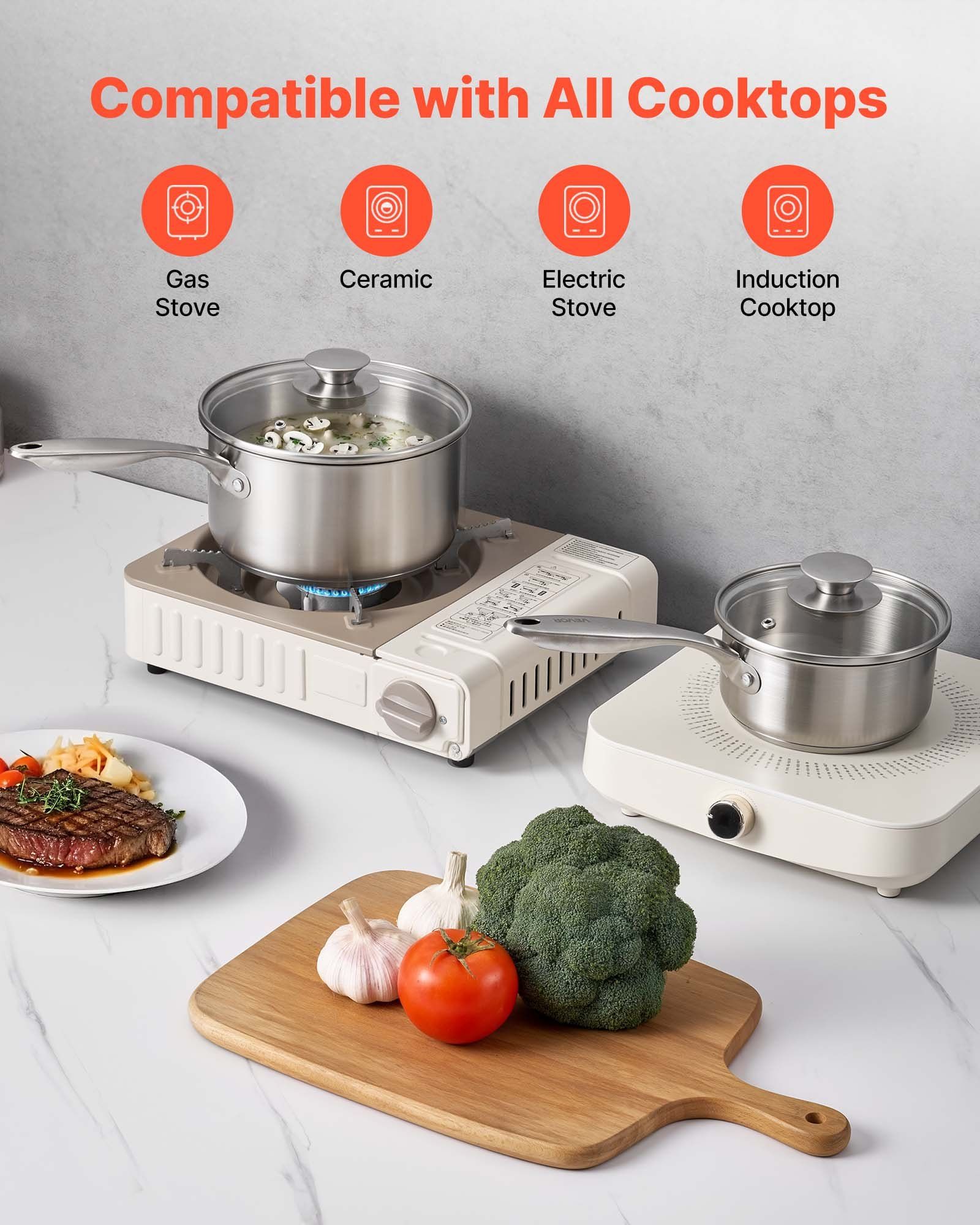 Stainless Steel Saucepan Set, 1 QT & 2 QT & 3 QT Saucepans with Glass Lids, Multipurpose Nonstick Stainless Steel Sauce Pot with Ergonomic Handle, Friendly for Oven, Dishwasher, Induction Cooker - Image 5