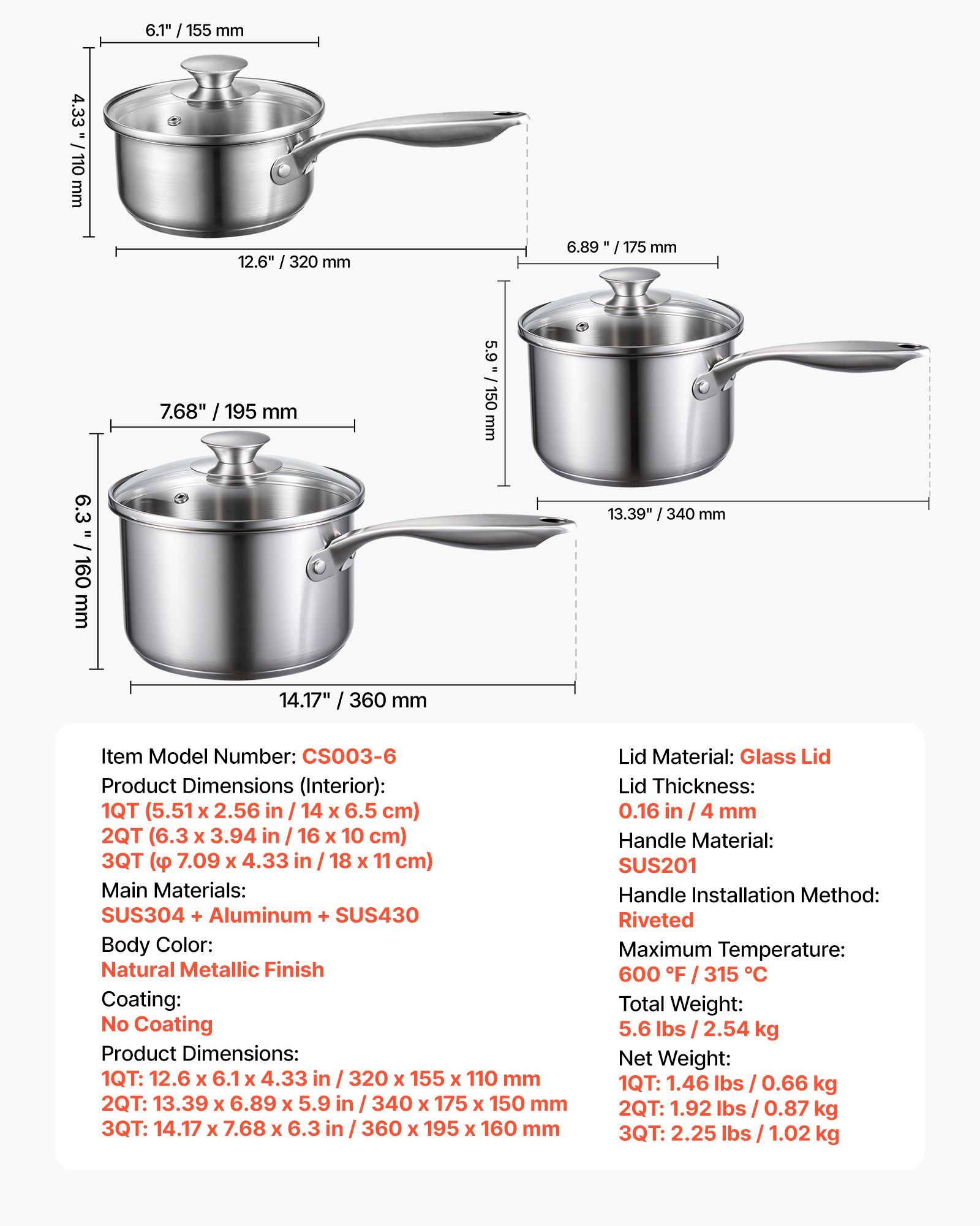 Stainless Steel Saucepan Set, 1 QT & 2 QT & 3 QT Saucepans with Glass Lids, Multipurpose Nonstick Stainless Steel Sauce Pot with Ergonomic Handle, Friendly for Oven, Dishwasher, Induction Cooker - Image 7