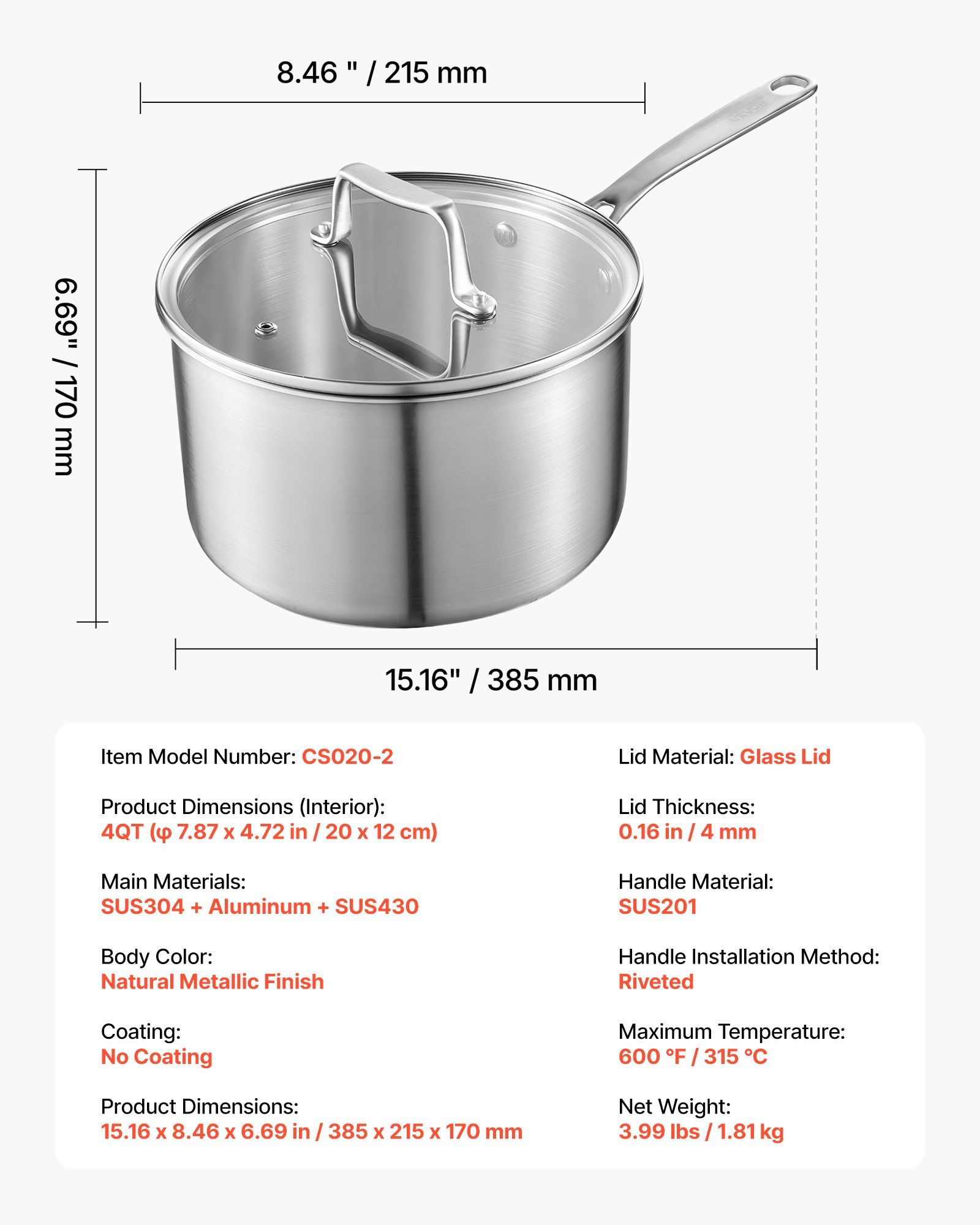 4 QT Saucepan, Stainless Steel Saucepan with Glass Lid, Multipurpose Nonstick Stainless Steel Small Cooking Sauce Pot with Ergonomic Handle, Friendly for Oven, Dishwasher, Induction Cooker - Image 7