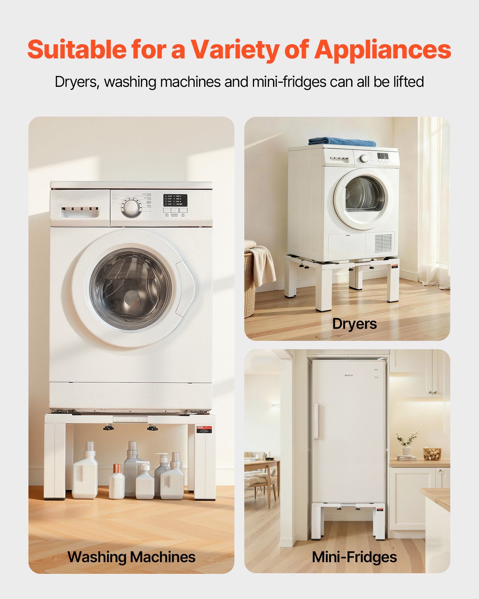 Laundry Pedestal, 305 mm Height, Washer and Dryer Pedestals with 544 kg Weight Load Capacity, 475-785 mm Adjustable, Non-Slip Feet, Heavy-duty Steel Washing Machine Stand Universal Fit, White - Image 2