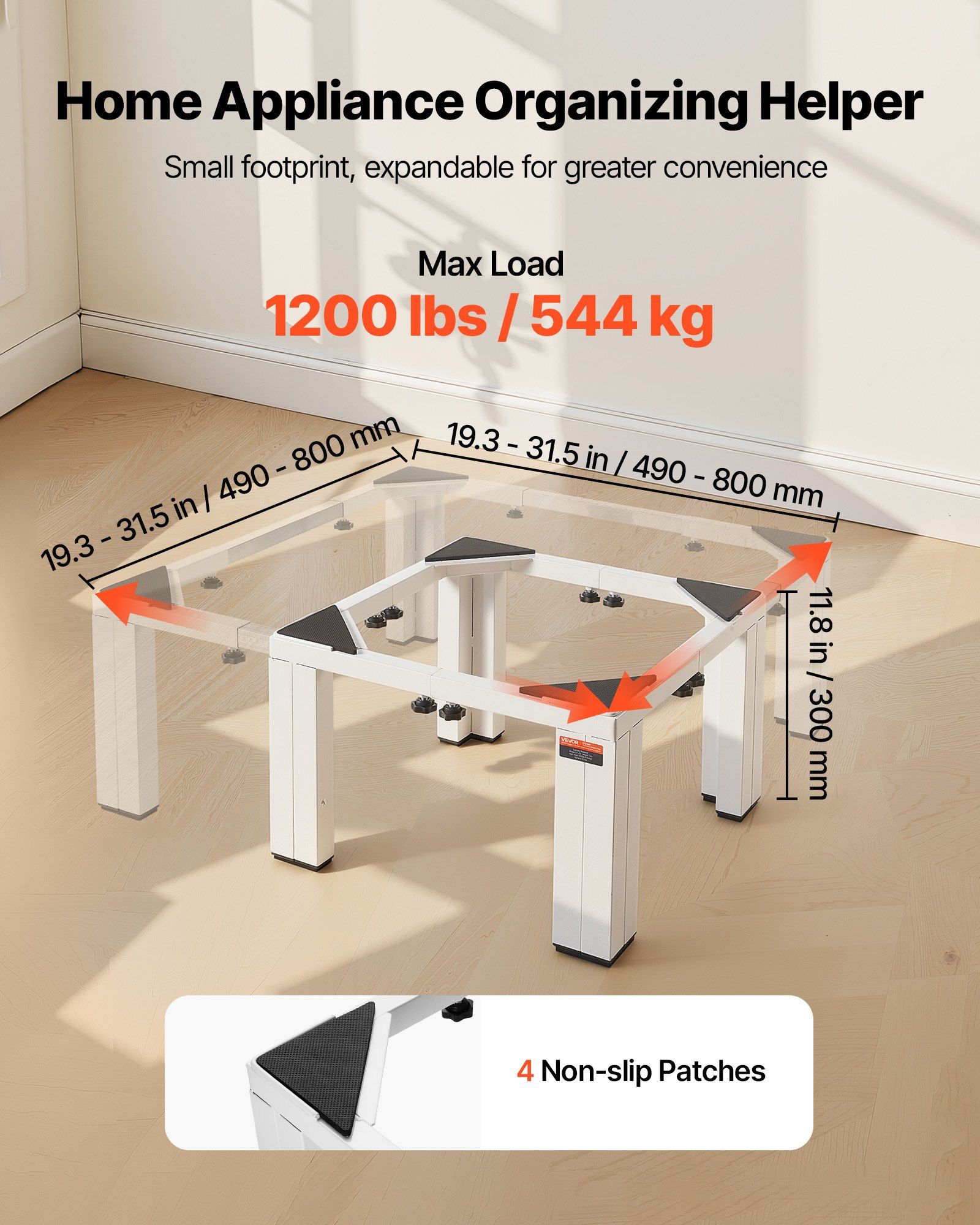 Laundry Pedestal, 305 mm Height, Washer and Dryer Pedestals with 544 kg Weight Load Capacity, 475-785 mm Adjustable, Non-Slip Feet, Heavy-duty Steel Washing Machine Stand Universal Fit, White - Image 3