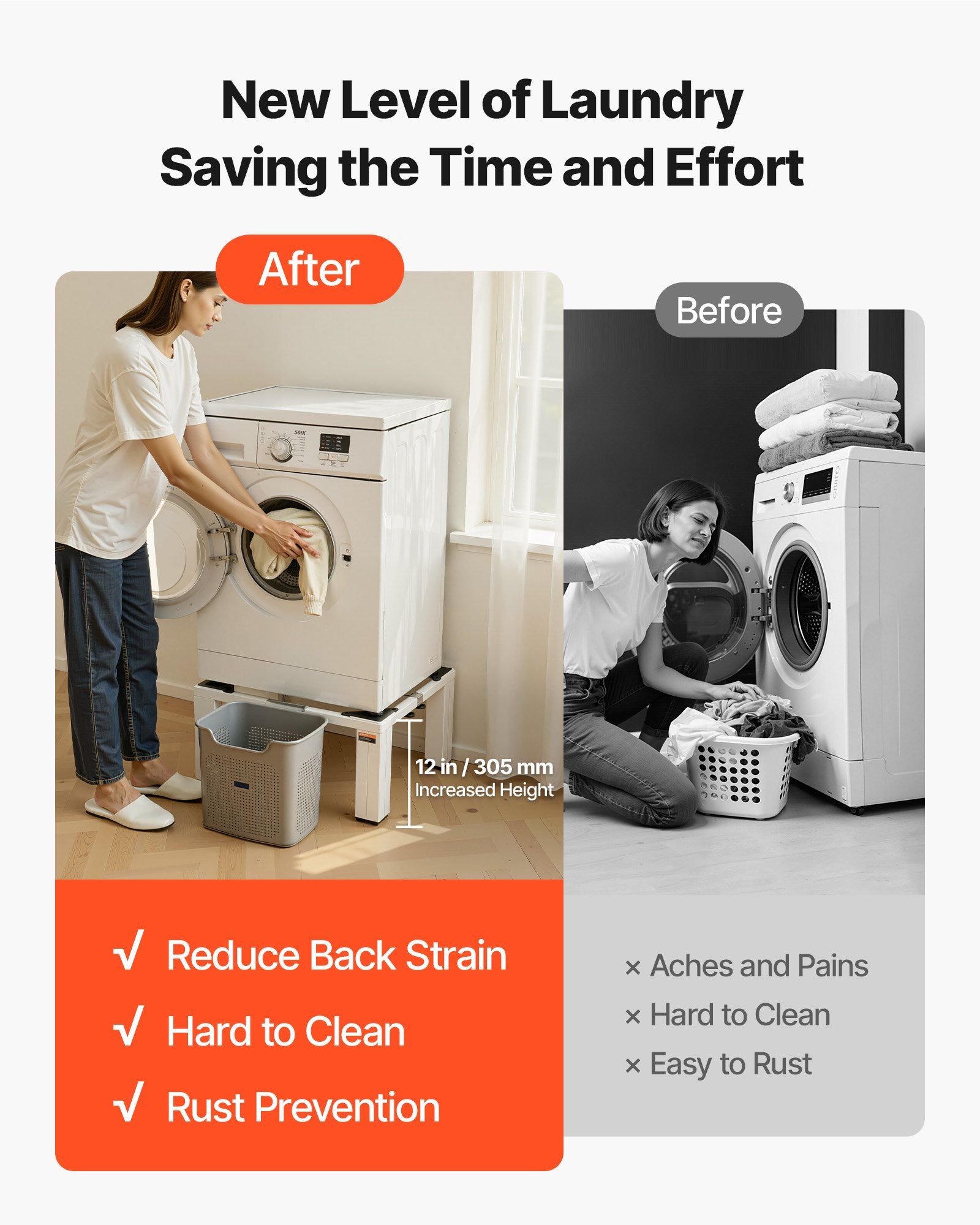 Laundry Pedestal, 305 mm Height, Washer and Dryer Pedestals with 544 kg Weight Load Capacity, 475-785 mm Adjustable, Non-Slip Feet, Heavy-duty Steel Washing Machine Stand Universal Fit, White - Image 4