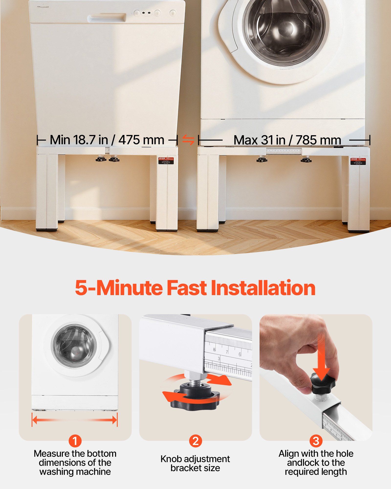 Laundry Pedestal, 305 mm Height, Washer and Dryer Pedestals with 544 kg Weight Load Capacity, 475-785 mm Adjustable, Non-Slip Feet, Heavy-duty Steel Washing Machine Stand Universal Fit, White - Image 5