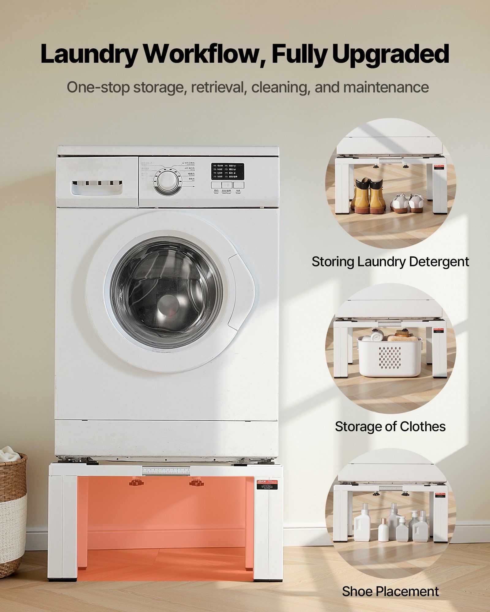 Laundry Pedestal, 305 mm Height, Washer and Dryer Pedestals with 544 kg Weight Load Capacity, 475-785 mm Adjustable, Non-Slip Feet, Heavy-duty Steel Washing Machine Stand Universal Fit, White - Image 7