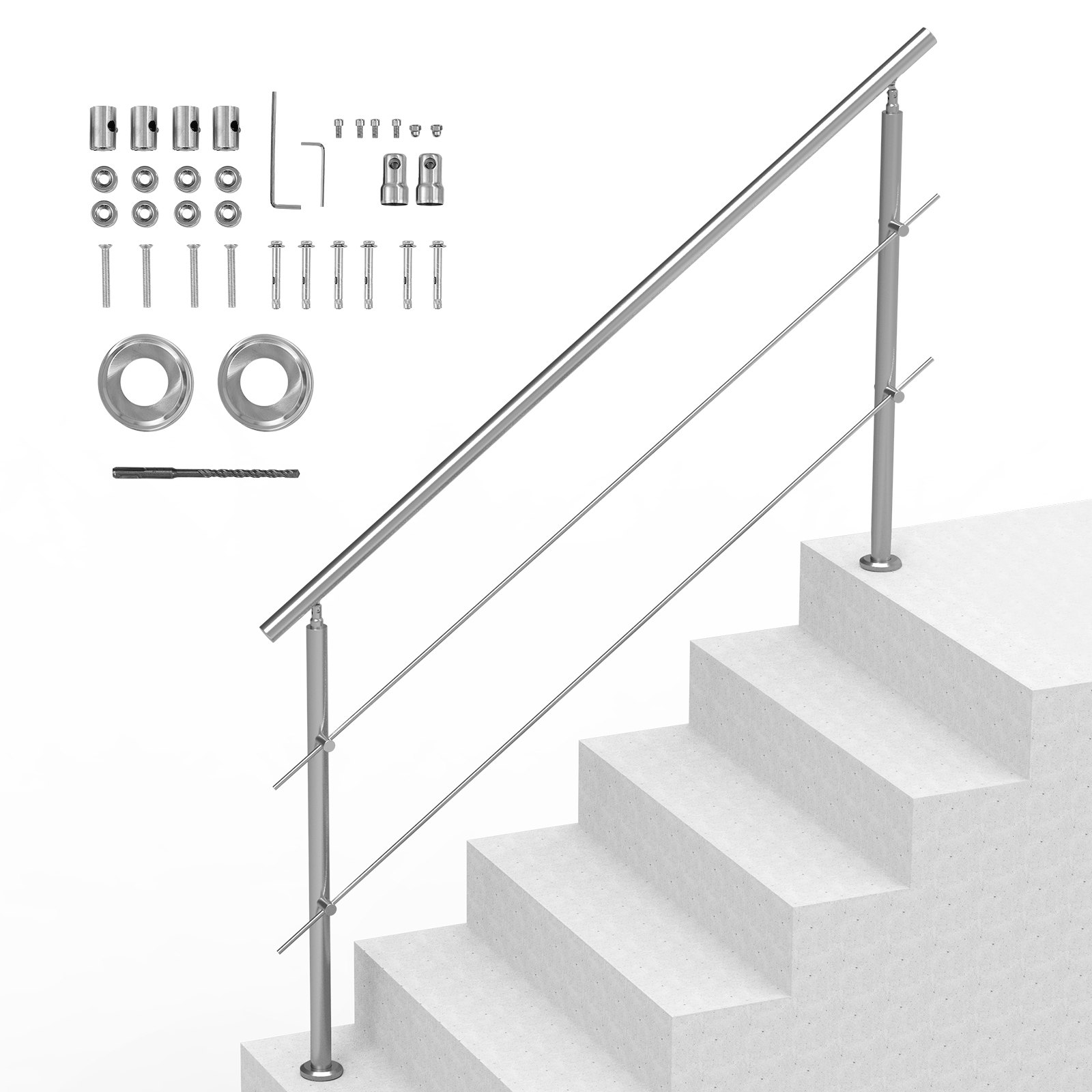 Handrails for Outdoor Steps, 70.9in Length 2 Crossbars Stair Hand Rail Kit, Transitional Stainless Steel Railings w/ Installation Kit, Double-column Staircase Handrails for Seniors,Porch & Deck - Image 1