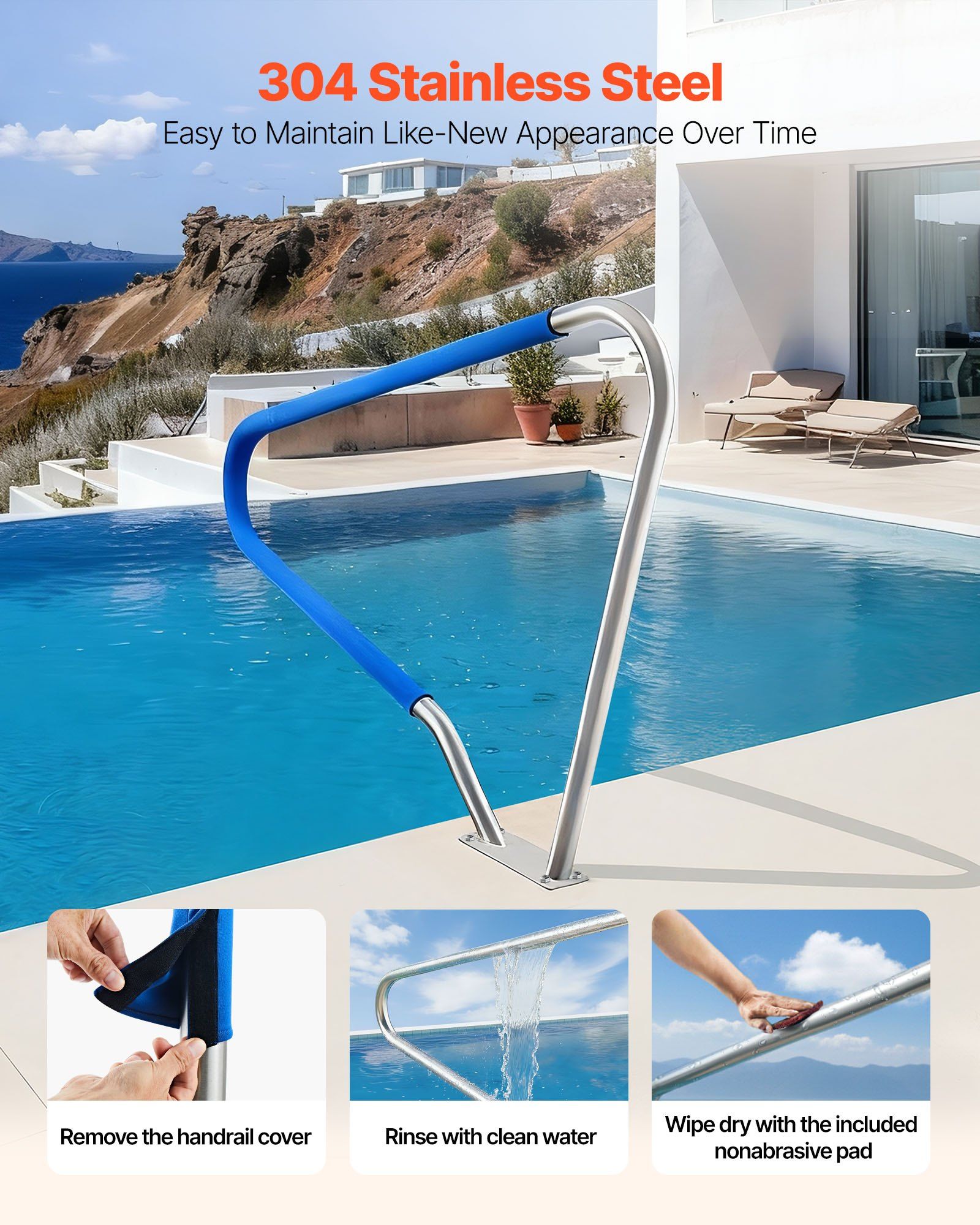 Pool Rail, 122 x 91.5 cm Pool Handrail, 100kg Load Capacity Heavy Duty 304 Stainless Steel Swimming Handrail, Detachable Nonslip Sleeve, Rich Accessories, for Poolside, Water Parks, Spa Centers - Image 3