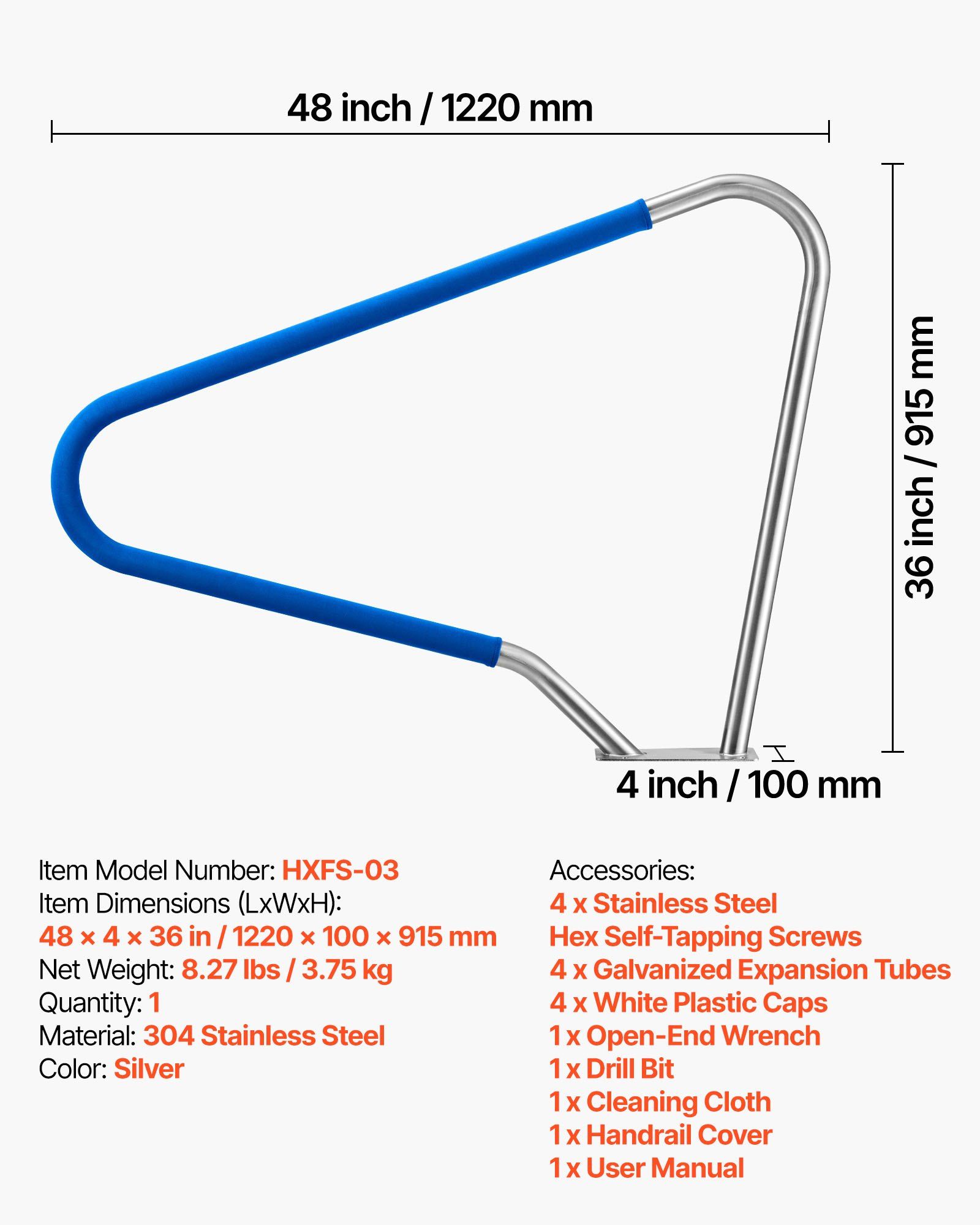 Pool Rail, 122 x 91.5 cm Pool Handrail, 100kg Load Capacity Heavy Duty 304 Stainless Steel Swimming Handrail, Detachable Nonslip Sleeve, Rich Accessories, for Poolside, Water Parks, Spa Centers - Image 7