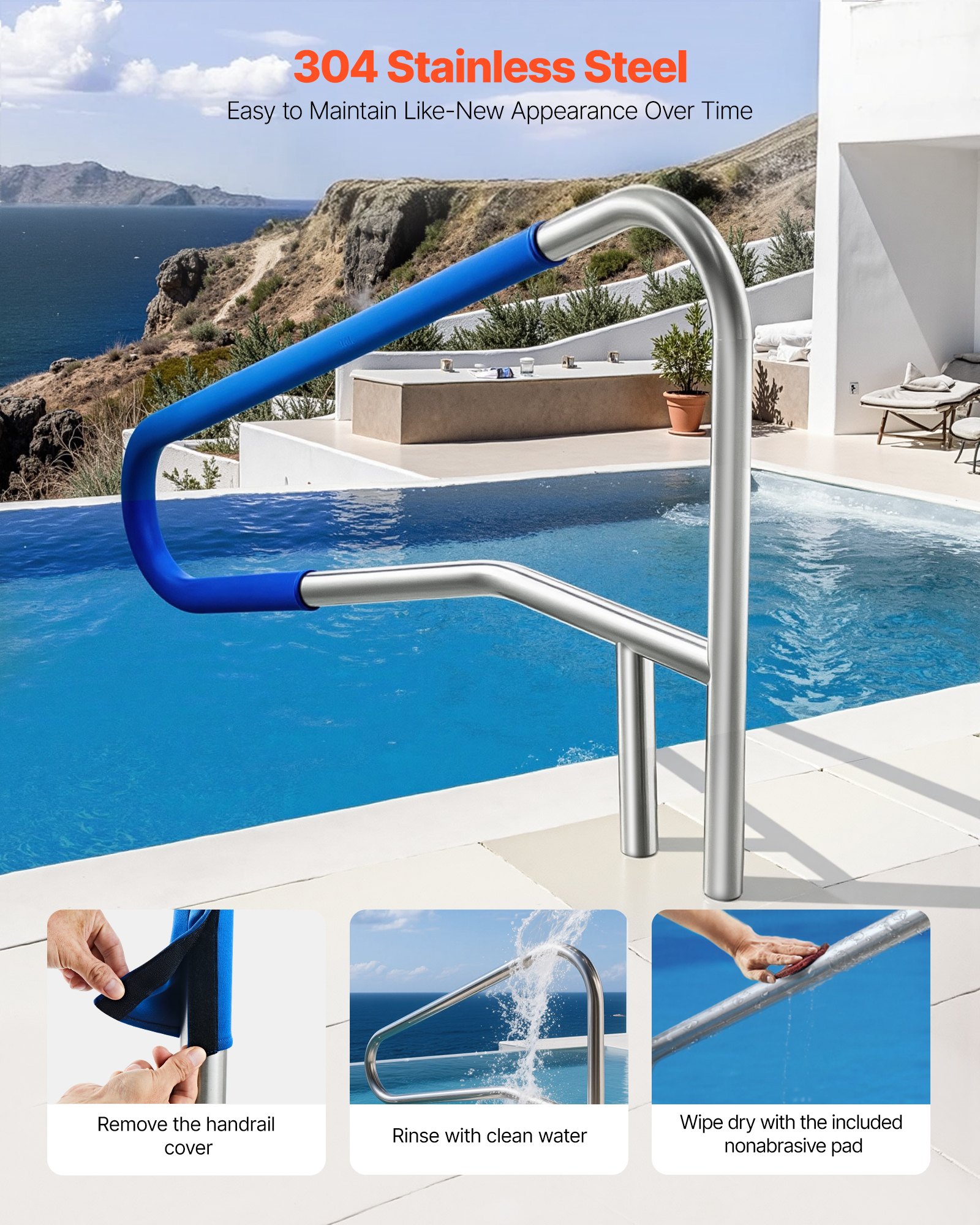 Pool Rail, 137.1 x 81.3 cm Pool Handrail, 100kg Load Capacity Heavy Duty 304 Stainless Steel Swimming Handrail, Detachable Nonslip Sleeve, Recessed or Base Mount, for Poolside, Water Parks - Image 3