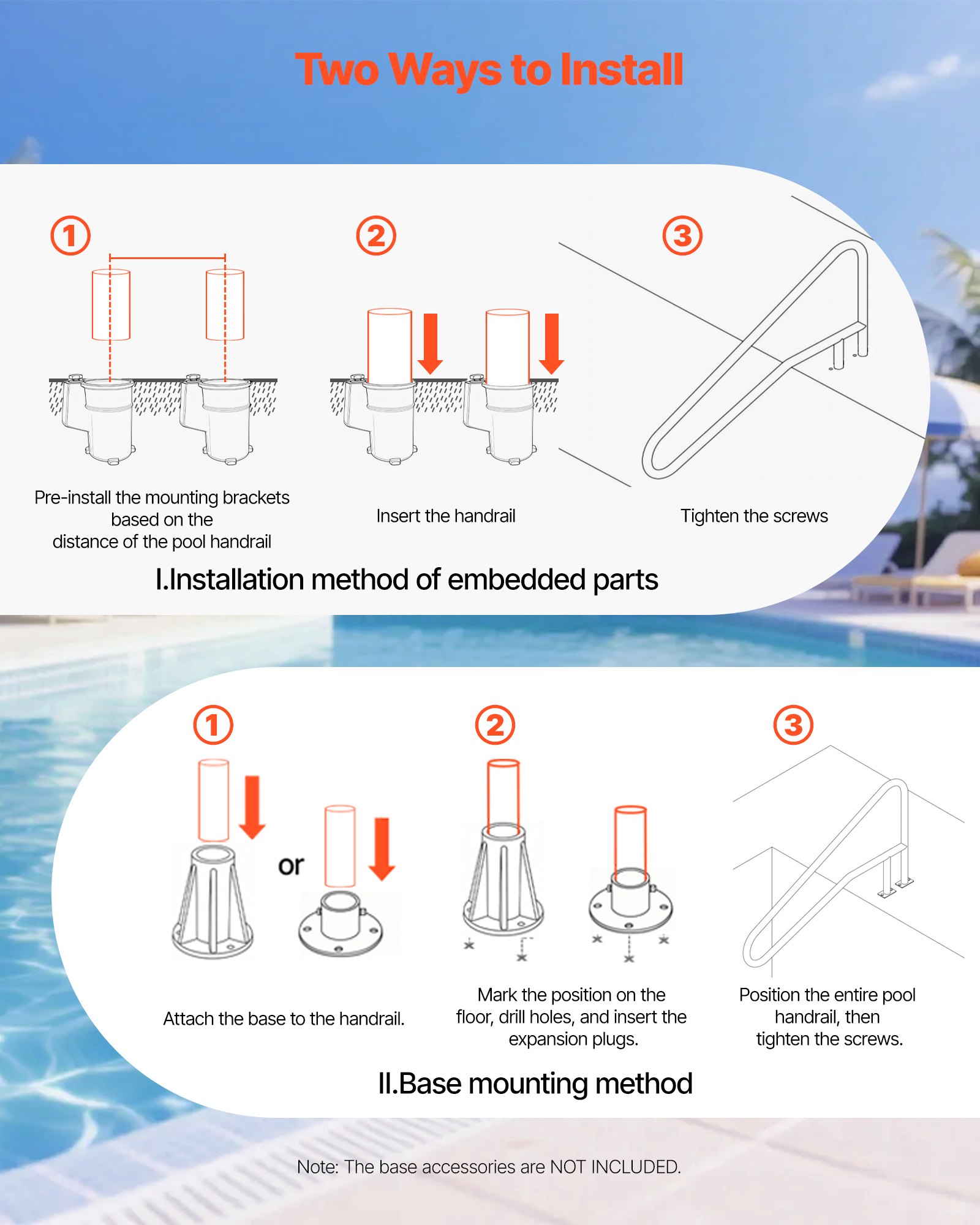 Pool Rail, 137.1 x 81.3 cm Pool Handrail, 100kg Load Capacity Heavy Duty 304 Stainless Steel Swimming Handrail, Detachable Nonslip Sleeve, Recessed or Base Mount, for Poolside, Water Parks - Image 5