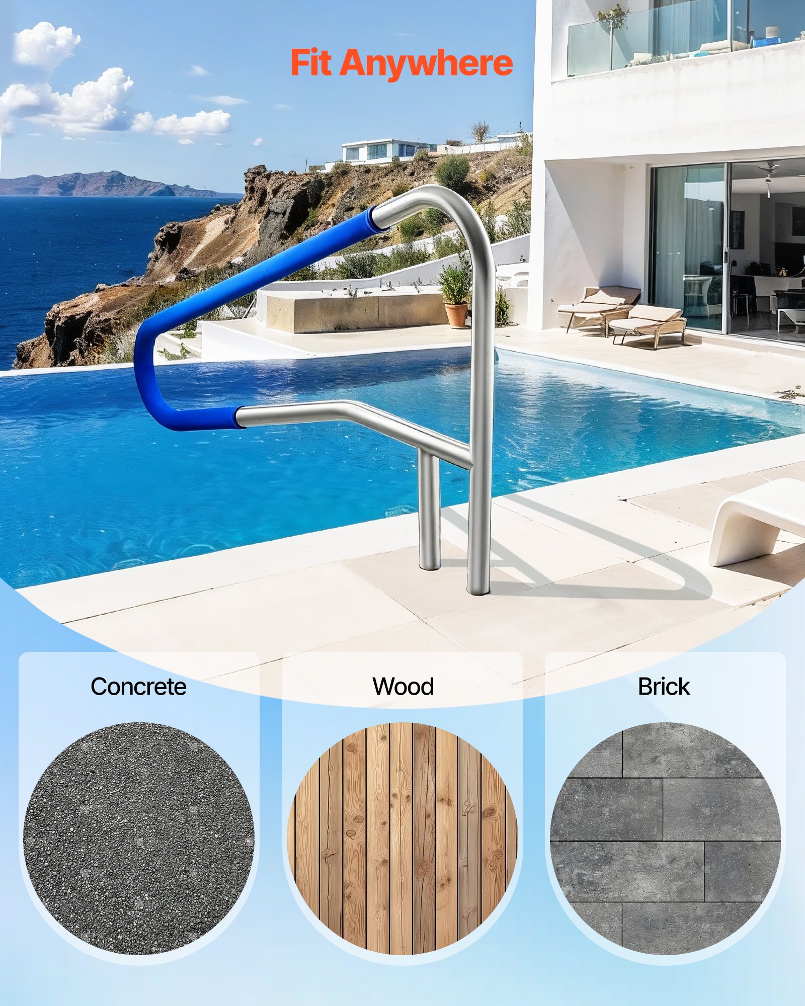 Pool Rail, 137.1 x 81.3 cm Pool Handrail, 100kg Load Capacity Heavy Duty 304 Stainless Steel Swimming Handrail, Detachable Nonslip Sleeve, Recessed or Base Mount, for Poolside, Water Parks - Image 6