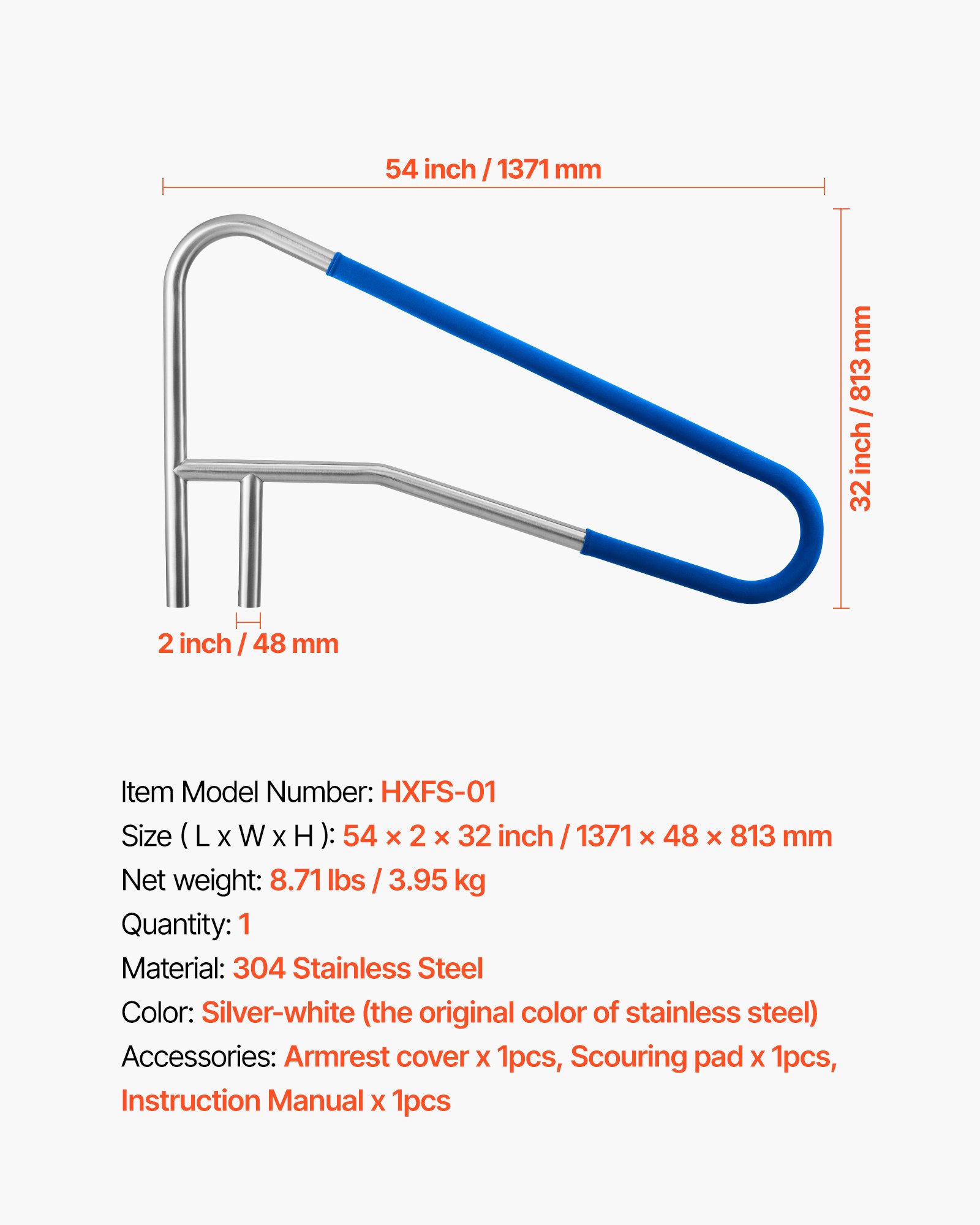 Pool Rail, 137.1 x 81.3 cm Pool Handrail, 100kg Load Capacity Heavy Duty 304 Stainless Steel Swimming Handrail, Detachable Nonslip Sleeve, Recessed or Base Mount, for Poolside, Water Parks - Image 7