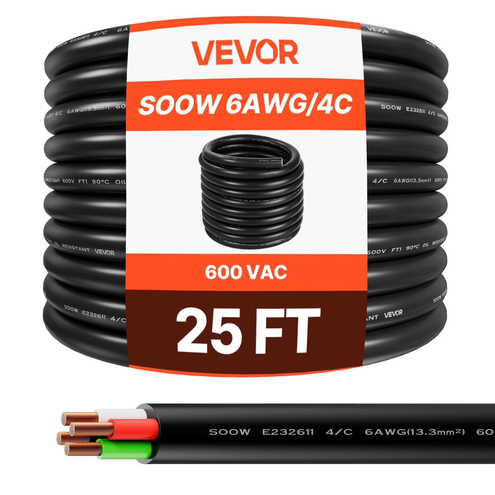7.62 m 6AWG Portable Power Cable (4 Conductor), Heavy Duty 600V SOOW Electrical Power Cable, Industrial Grade Electric Wire, Premium CPE Rubber Jacket, Copper Extension Cord for Welder Machine - Image 1