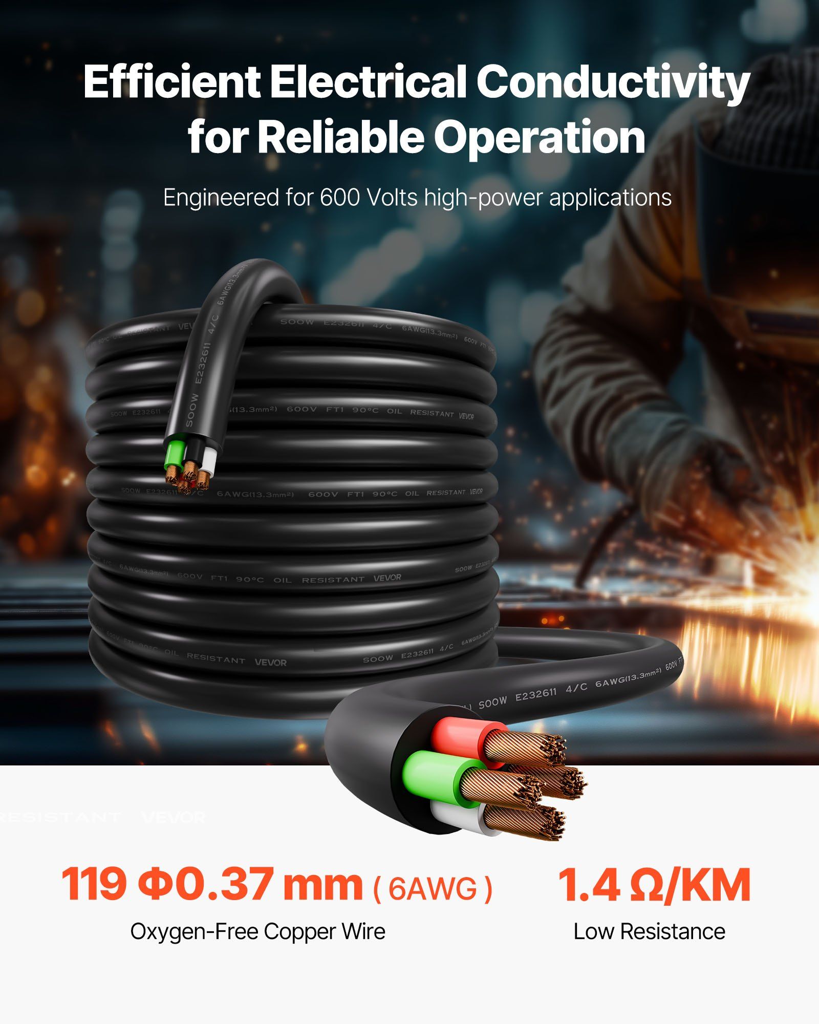7.62 m 6AWG Portable Power Cable (4 Conductor), Heavy Duty 600V SOOW Electrical Power Cable, Industrial Grade Electric Wire, Premium CPE Rubber Jacket, Copper Extension Cord for Welder Machine - Image 2