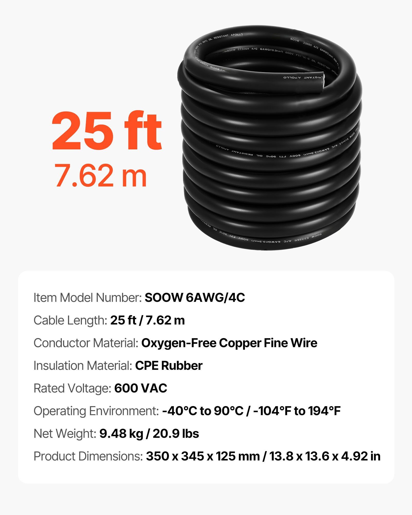 7.62 m 6AWG Portable Power Cable (4 Conductor), Heavy Duty 600V SOOW Electrical Power Cable, Industrial Grade Electric Wire, Premium CPE Rubber Jacket, Copper Extension Cord for Welder Machine - Image 7