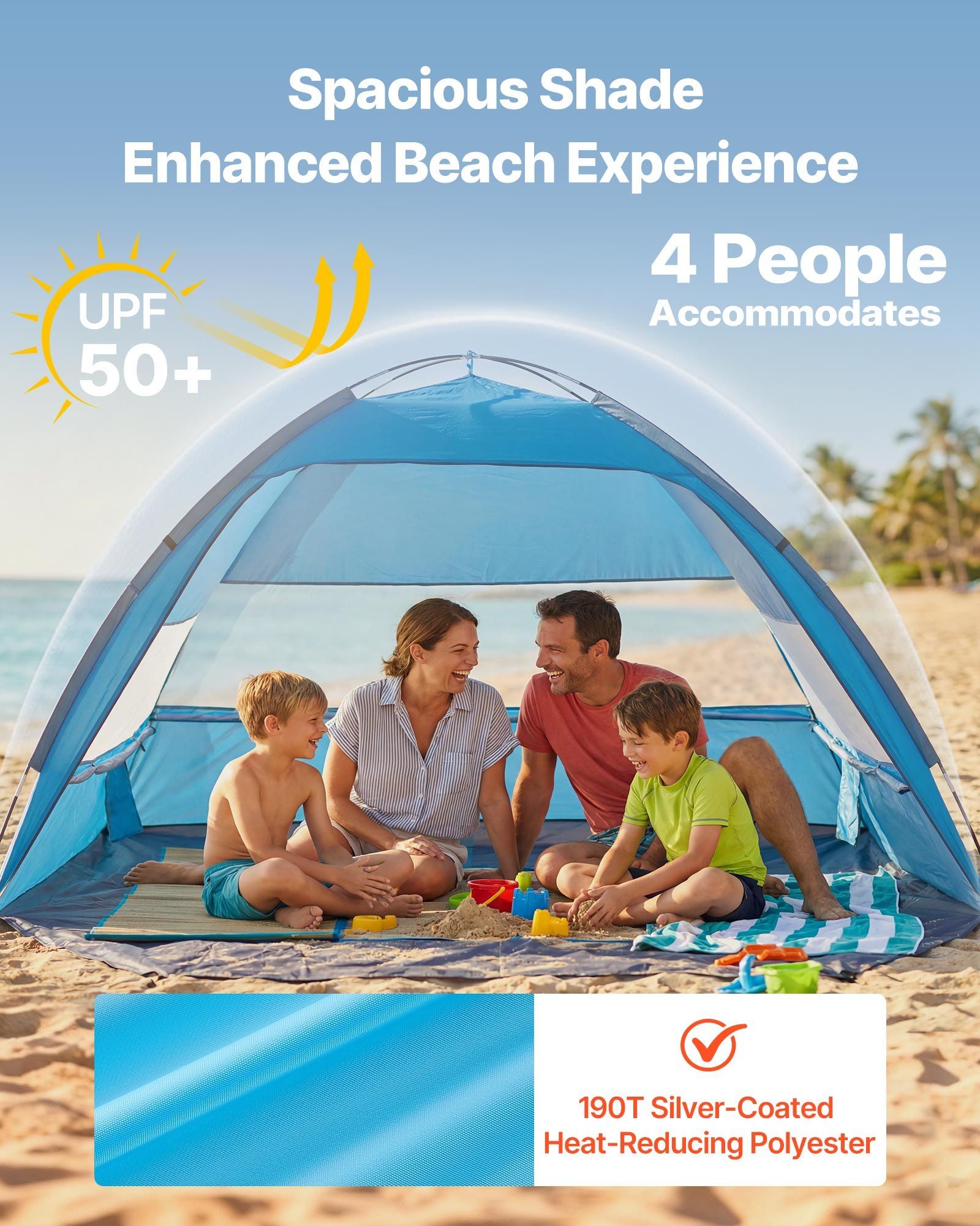 Beach Tent Sun Shelter for 4 Person, UPF 50+ Protection, Portable Sun Shade Canopy with Carrying Bag & Sand Pockets, Lightweight and Easy Setup Beach Umbrella for Camping Fishing Outdoor Picnic - Image 2