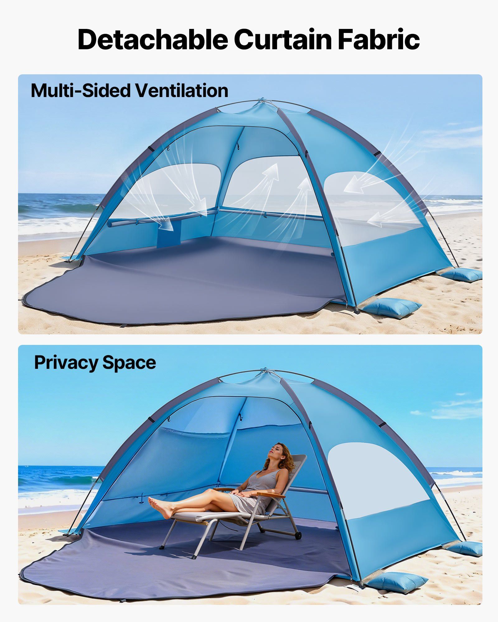 Beach Tent Sun Shelter for 4 Person, UPF 50+ Protection, Portable Sun Shade Canopy with Carrying Bag & Sand Pockets, Lightweight and Easy Setup Beach Umbrella for Camping Fishing Outdoor Picnic - Image 3