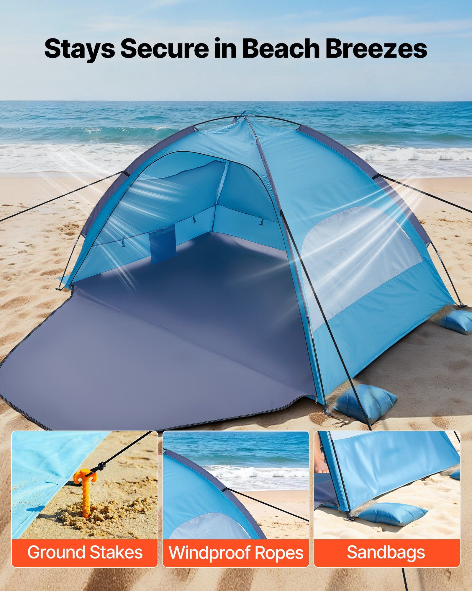 Beach Tent Sun Shelter for 4 Person, UPF 50+ Protection, Portable Sun Shade Canopy with Carrying Bag & Sand Pockets, Lightweight and Easy Setup Beach Umbrella for Camping Fishing Outdoor Picnic - Image 4