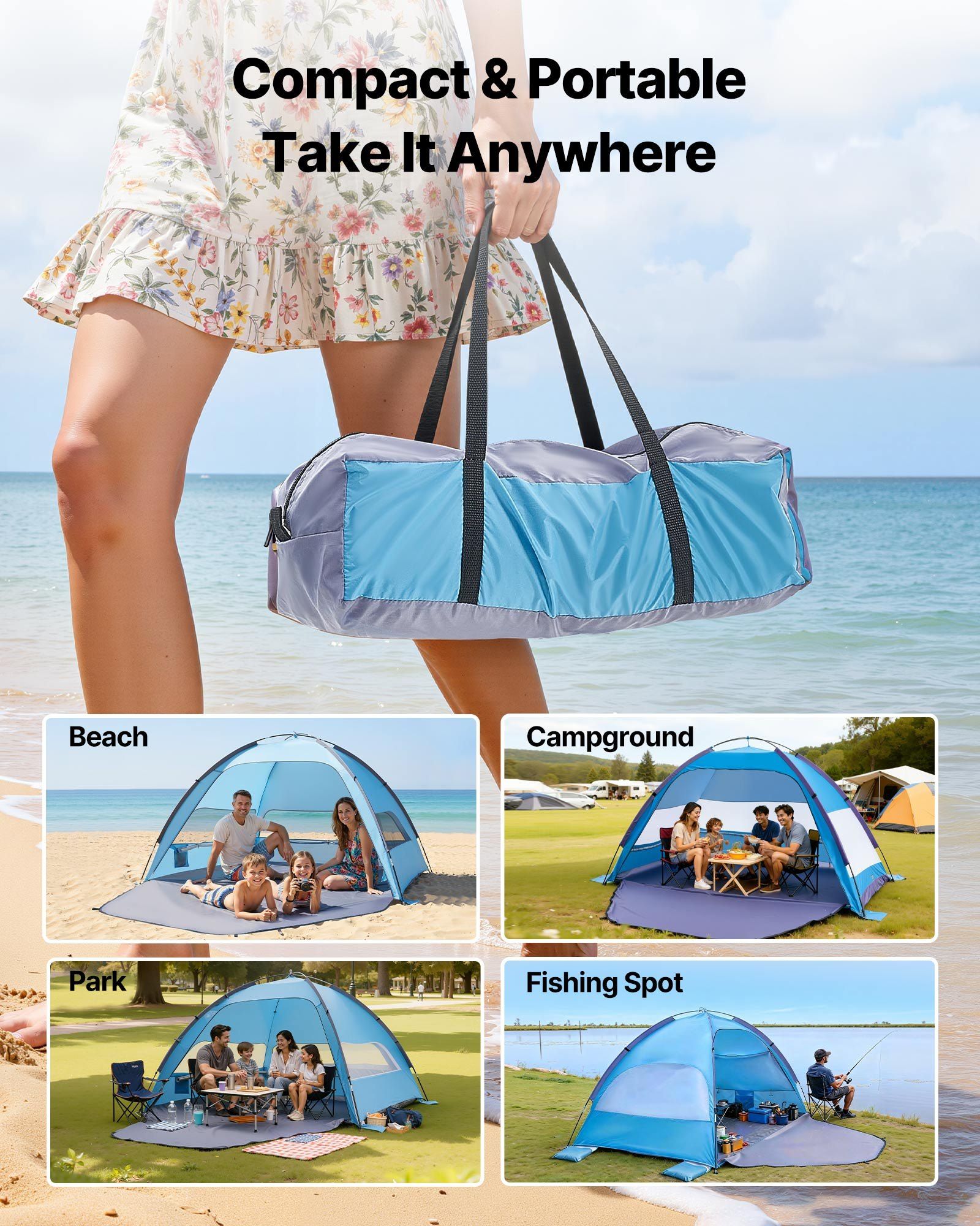 Beach Tent Sun Shelter for 4 Person, UPF 50+ Protection, Portable Sun Shade Canopy with Carrying Bag & Sand Pockets, Lightweight and Easy Setup Beach Umbrella for Camping Fishing Outdoor Picnic - Image 6