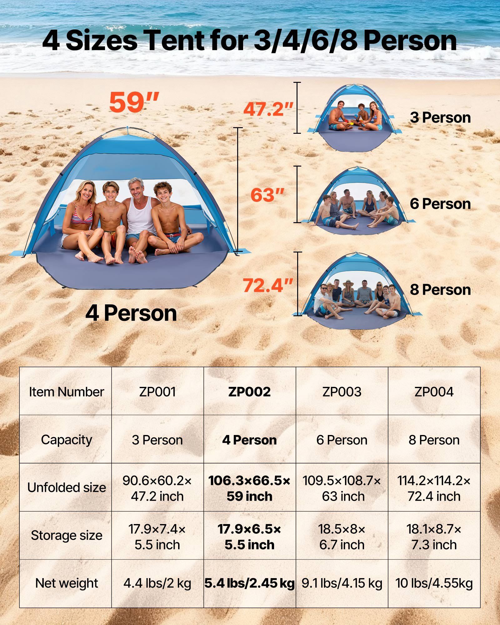 Beach Tent Sun Shelter for 4 Person, UPF 50+ Protection, Portable Sun Shade Canopy with Carrying Bag & Sand Pockets, Lightweight and Easy Setup Beach Umbrella for Camping Fishing Outdoor Picnic - Image 7