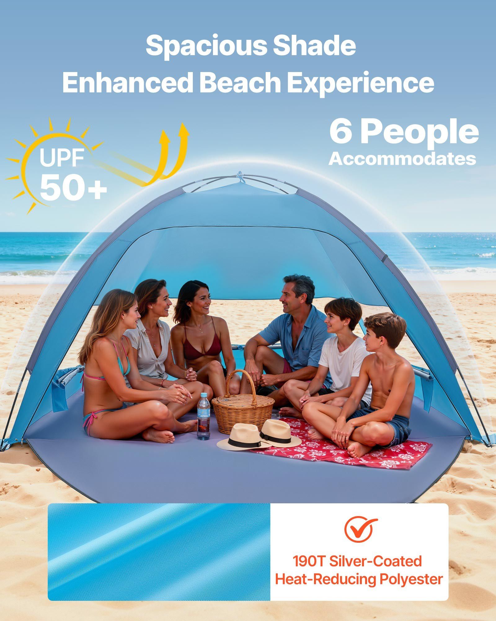 Beach Tent Sun Shelter for 6 Person, UPF 50+ Protection, Portable Sun Shade Canopy with Carrying Bag & Sand Pockets, Lightweight and Easy Setup Beach Umbrella for Camping Fishing Outdoor Picnic - Image 2