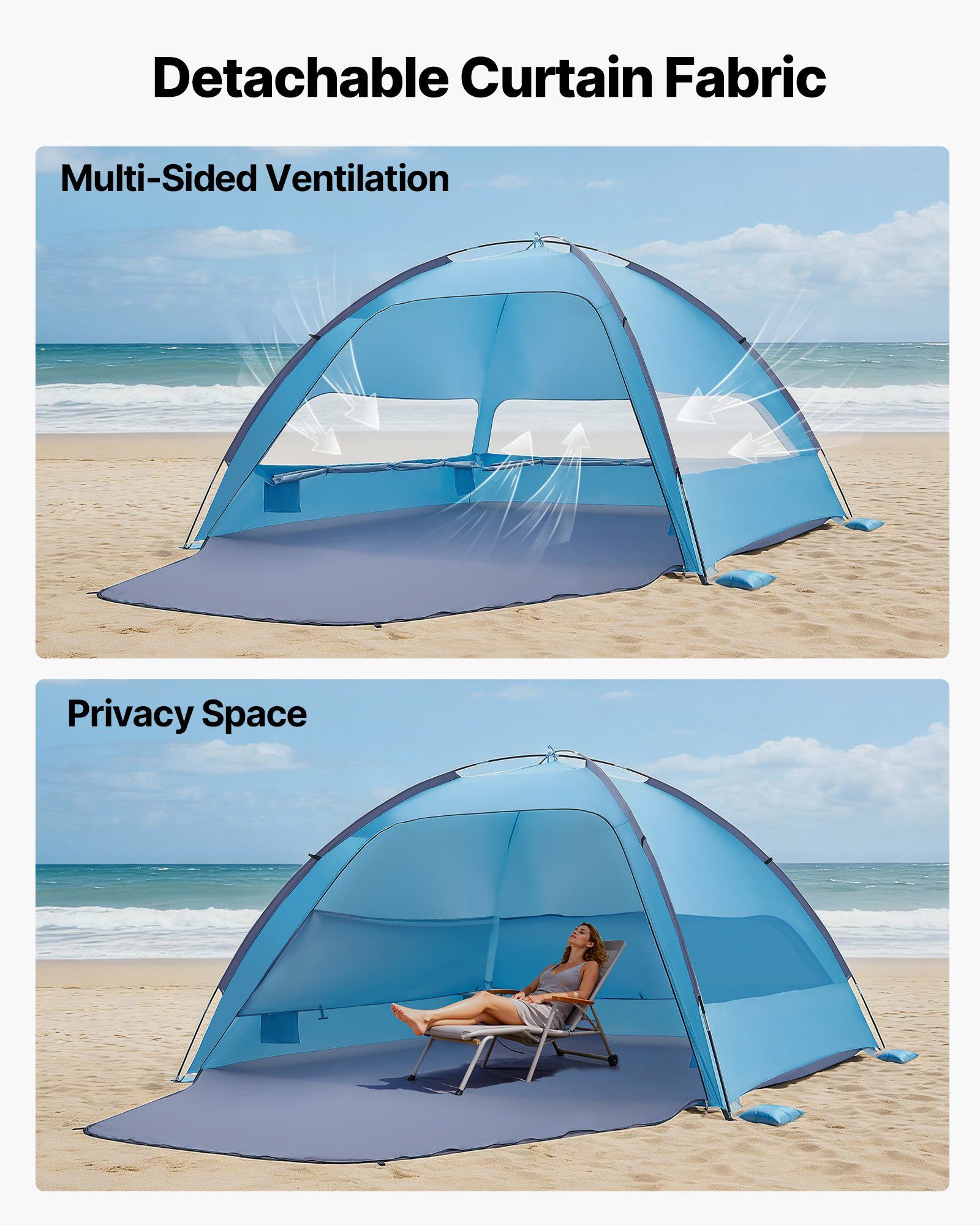 Beach Tent Sun Shelter for 6 Person, UPF 50+ Protection, Portable Sun Shade Canopy with Carrying Bag & Sand Pockets, Lightweight and Easy Setup Beach Umbrella for Camping Fishing Outdoor Picnic - Image 3
